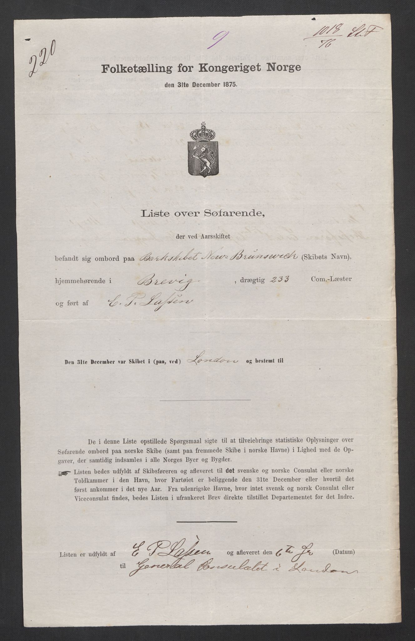 RA, Folketelling 1875, skipslister: Skip i utenrikske havner, hjemmehørende i byer og ladesteder, Fredrikshald - Arendal, 1875, s. 792