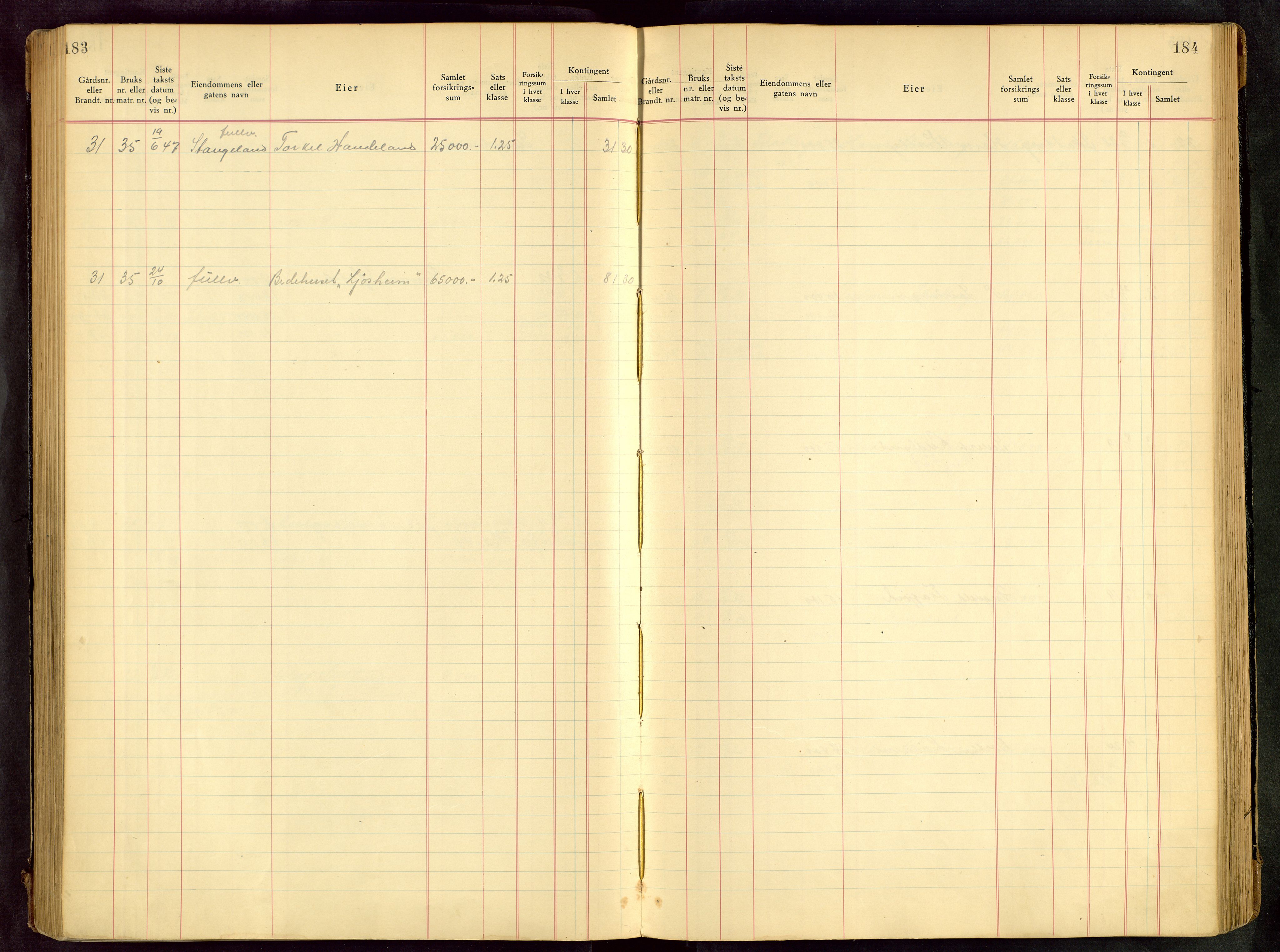 Håland lensmannskontor, SAST/A-100100/Goa/L0001: Beregningsprotokoll brannforsikring, 1932-1947, s. 183-184