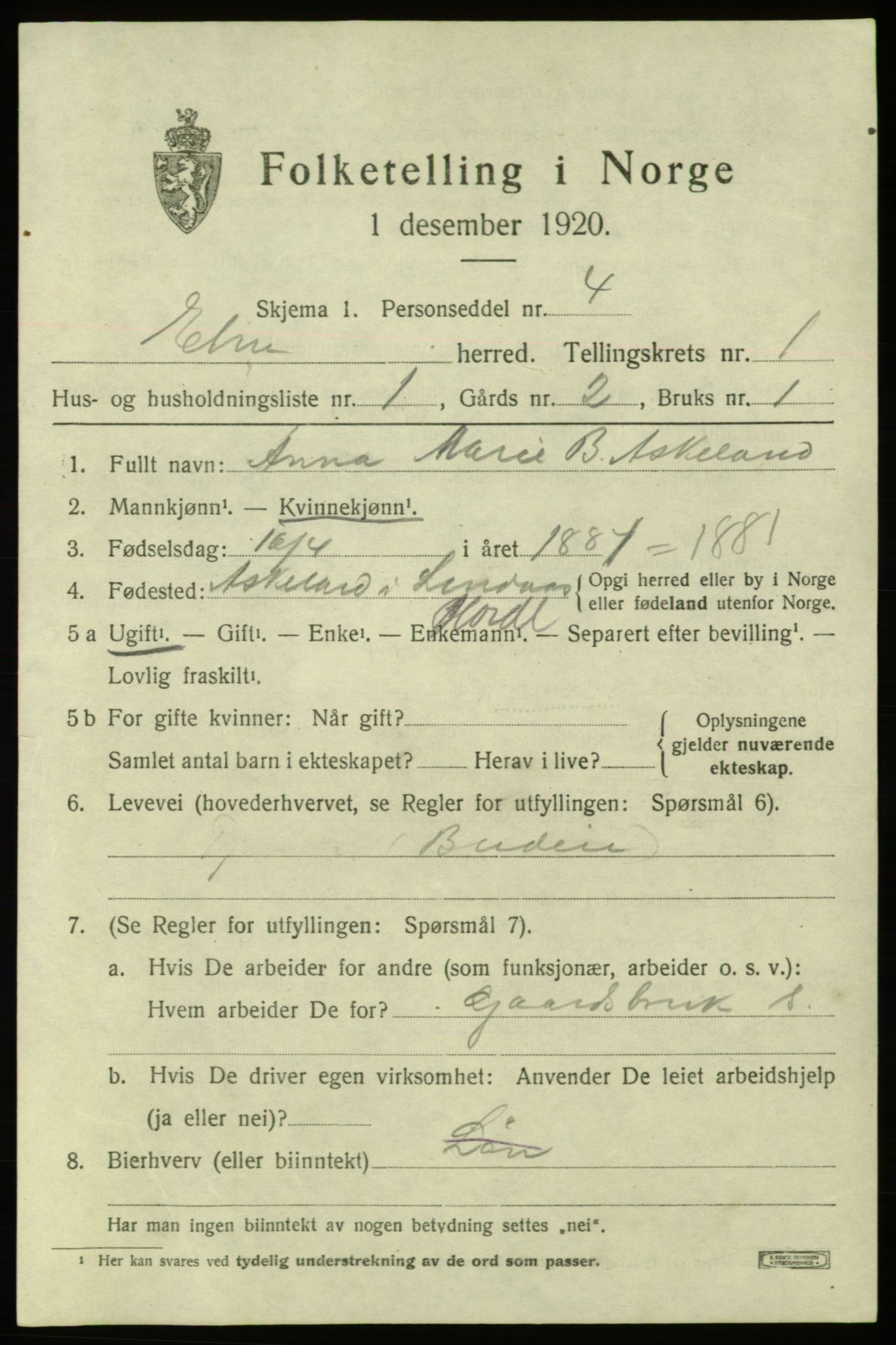SAB, Folketelling 1920 for 1211 Etne herred, 1920, s. 1031