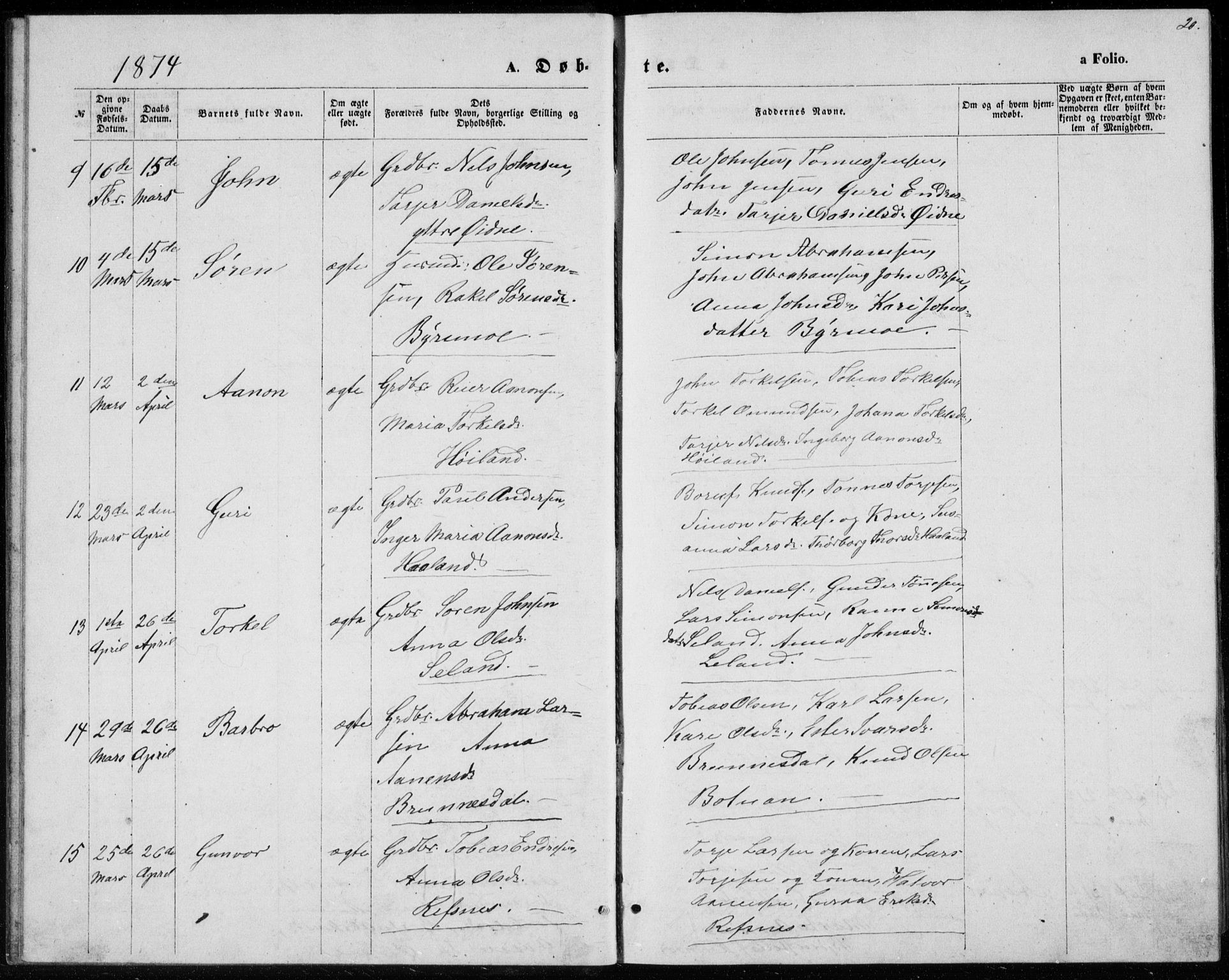 Bjelland sokneprestkontor, SAK/1111-0005/F/Fb/Fbc/L0002: Klokkerbok nr. B 2, 1867-1887, s. 20