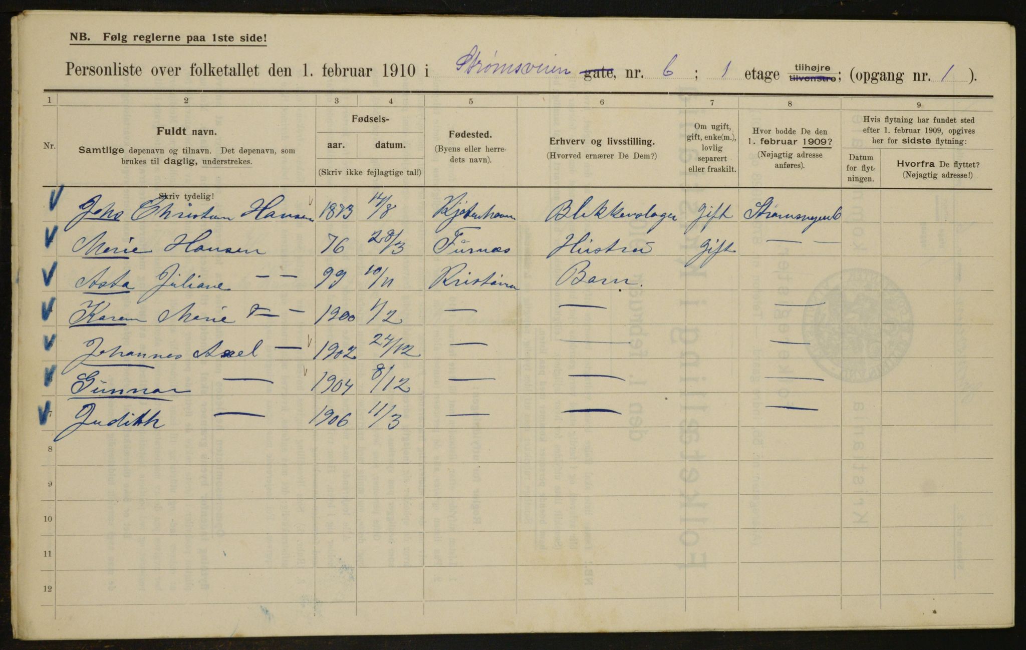 OBA, Kommunal folketelling 1.2.1910 for Kristiania, 1910, s. 98699