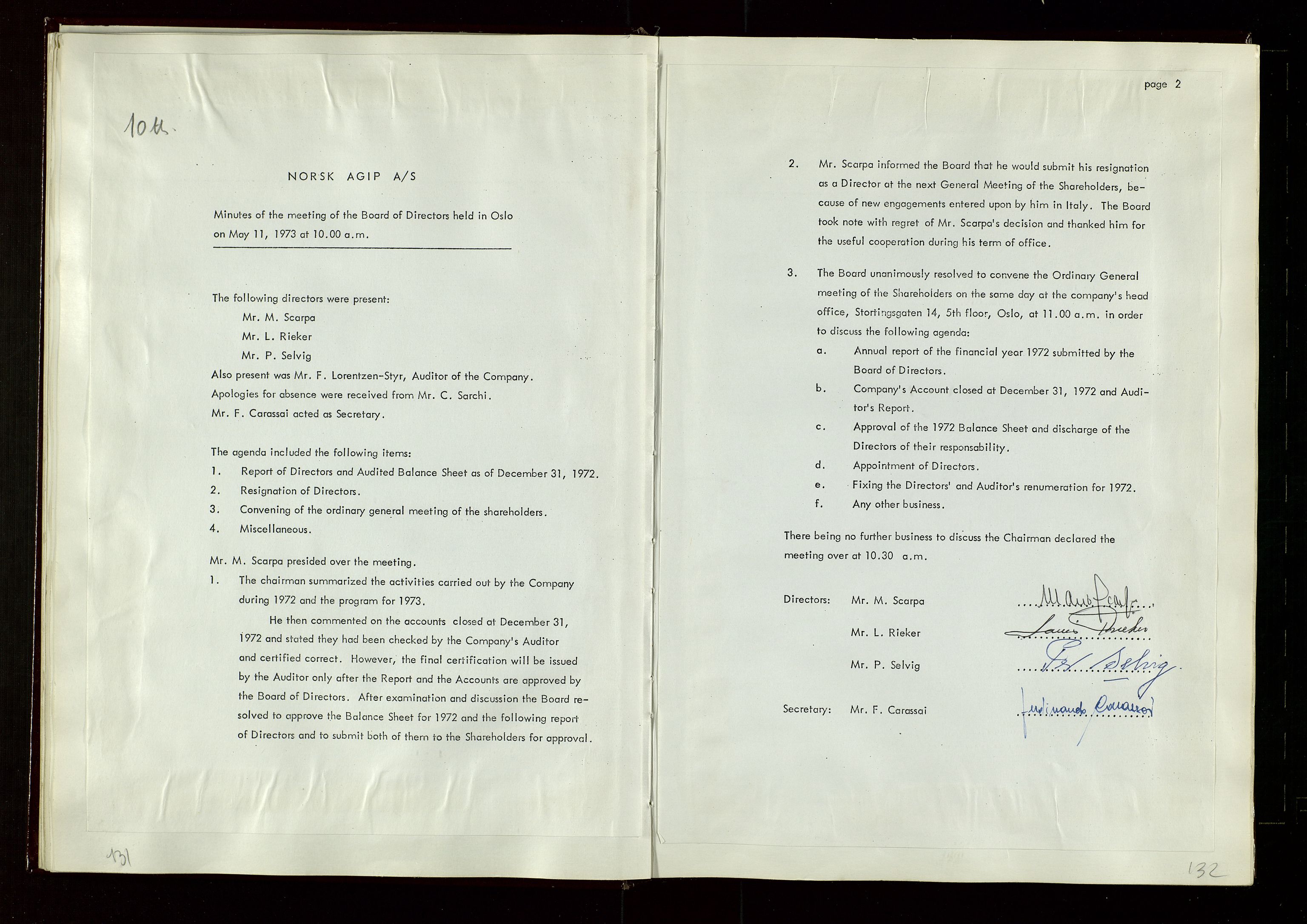 Pa 1583 - Norsk Agip AS, SAST/A-102138/A/Aa/L0002: General assembly and Board of Directors meeting minutes, 1972-1979, s. 131-132