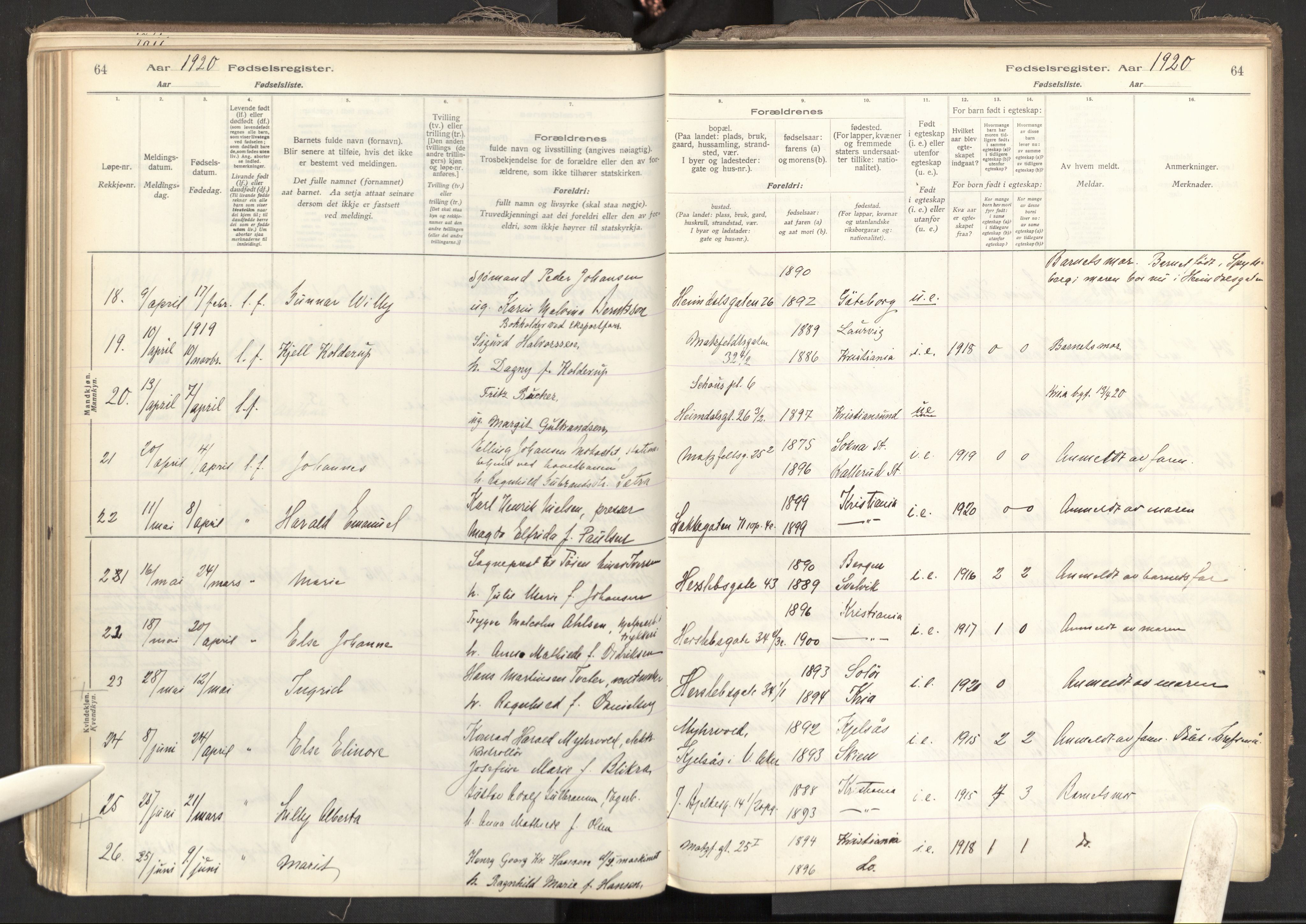 Tøyen prestekontor Kirkebøker, AV/SAO-A-10167a/J/Ja/L0001: Fødselsregister nr. 1, 1916-1944, s. 64