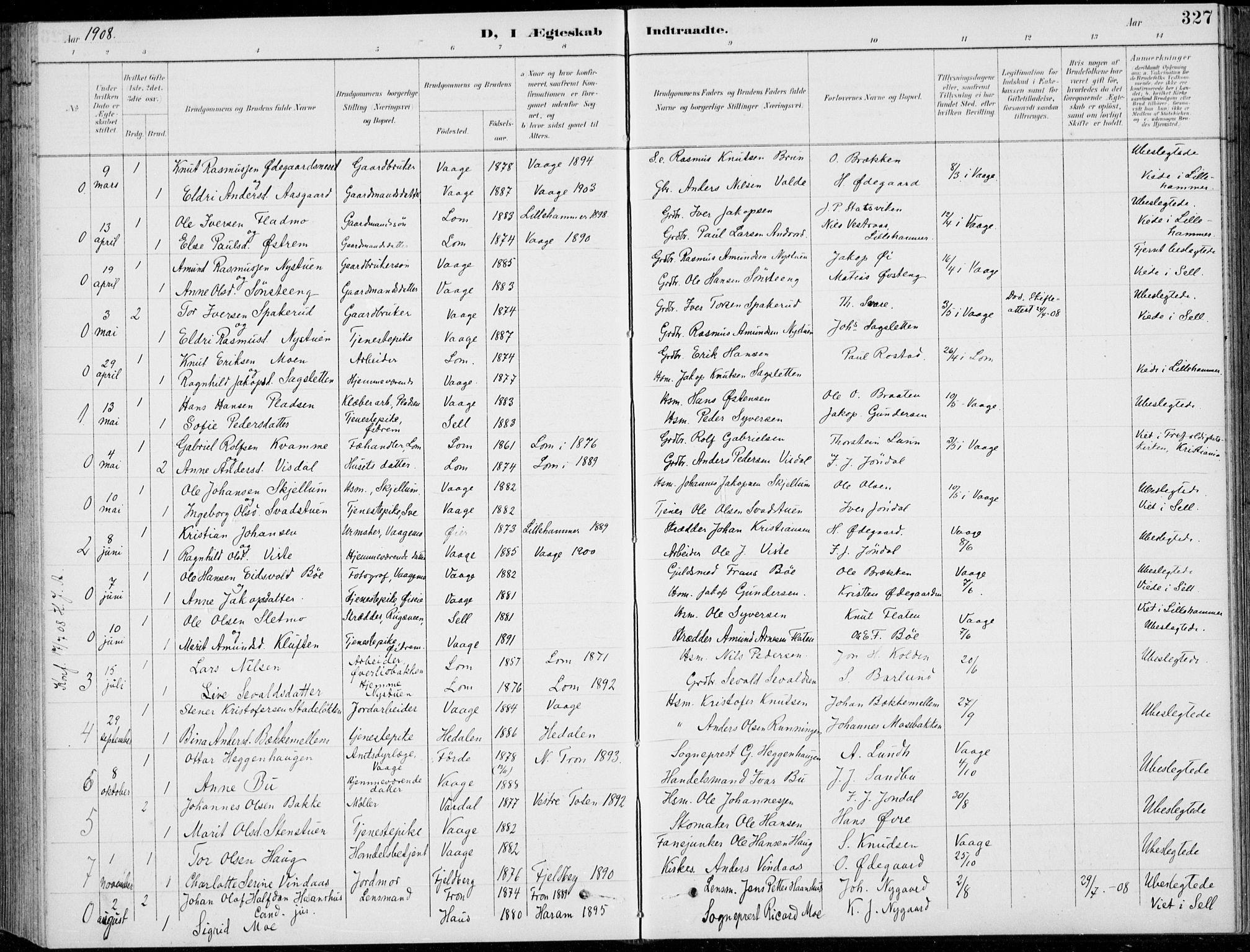 Vågå prestekontor, AV/SAH-PREST-076/H/Ha/Hab/L0002: Klokkerbok nr. 2, 1894-1939, s. 327