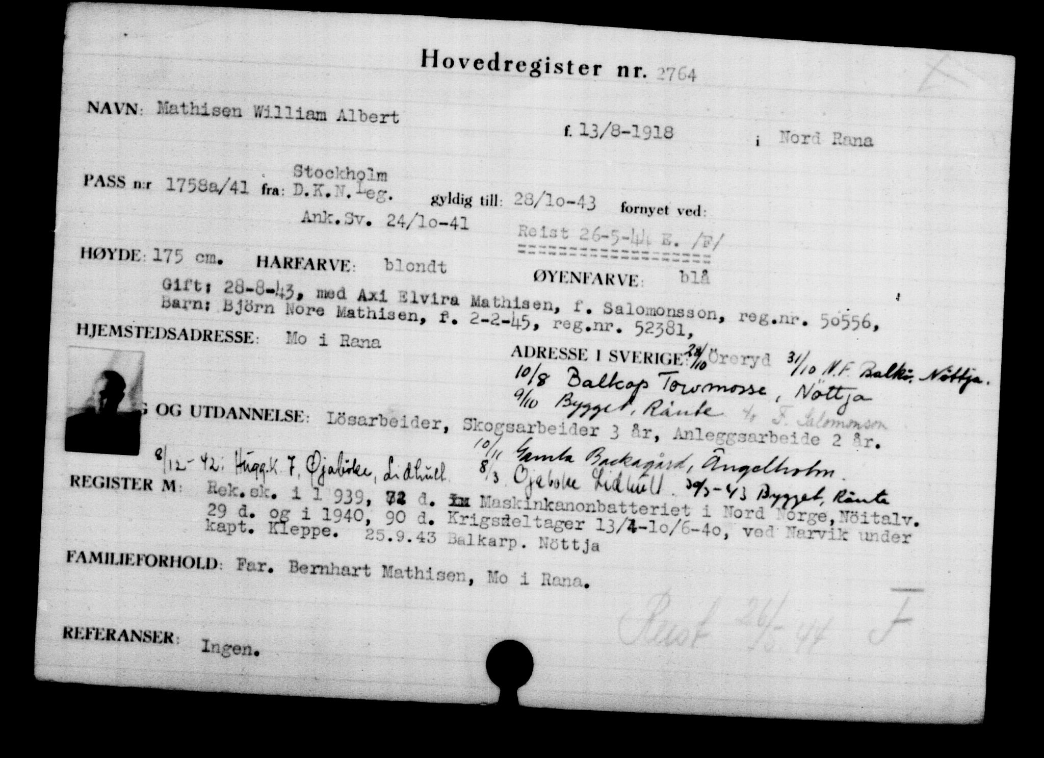 Utenriksstasjonene, Legasjonen i Stockholm, Flyktningkontoret, AV/RA-S-6753/V/Va/L0003: Kjesäterkartoteket, flyktninger med registreringsnr. 2001-3495, 1940-1945, s. 1152