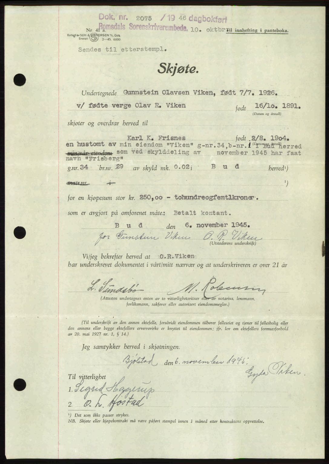 Romsdal sorenskriveri, AV/SAT-A-4149/1/2/2C: Pantebok nr. A21, 1946-1946, Dagboknr: 2075/1946