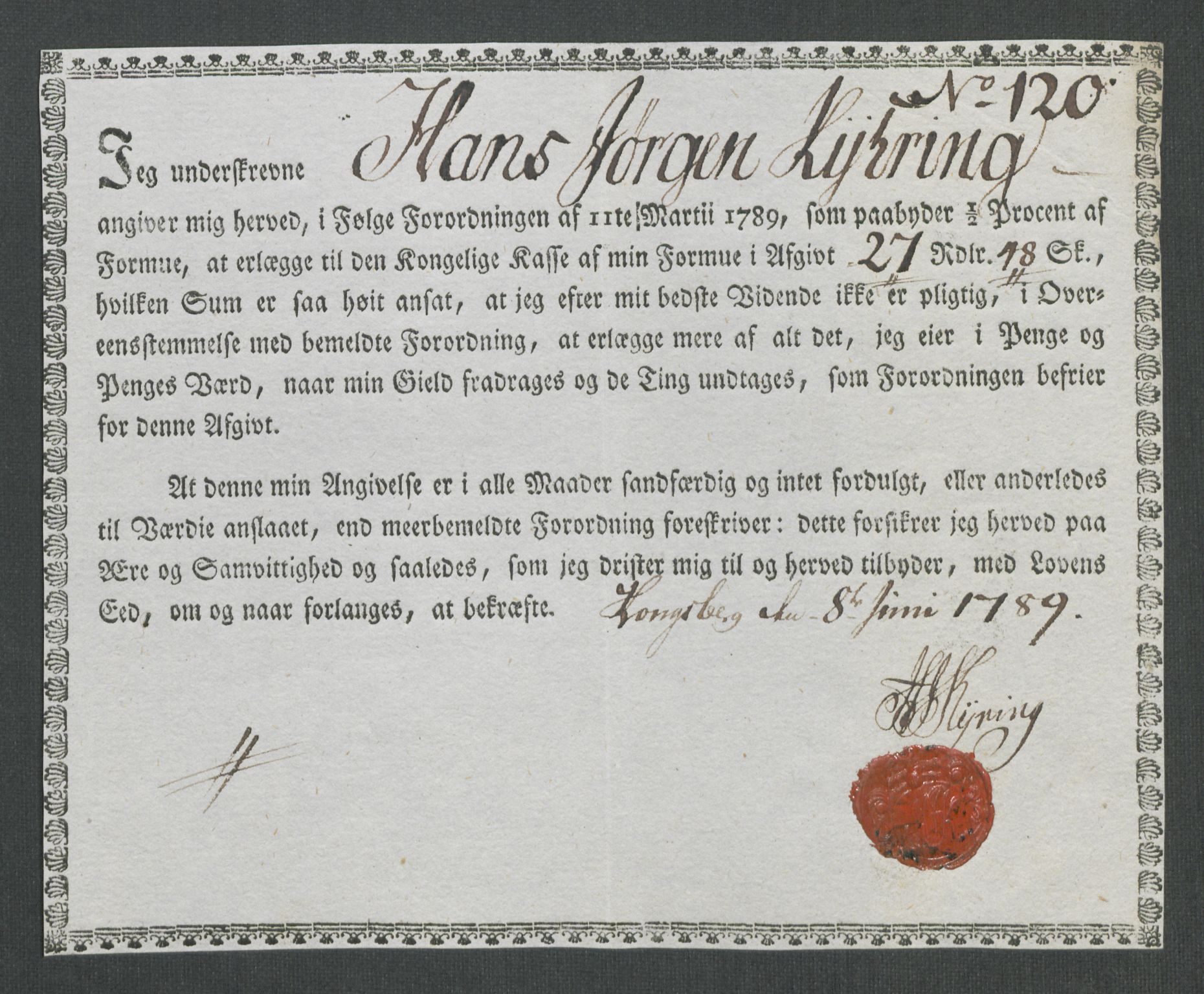 Rentekammeret inntil 1814, Reviderte regnskaper, Mindre regnskaper, AV/RA-EA-4068/Rf/Rfe/L0019: Jæren og Dalane fogderi, Kongsberg, 1789, s. 333