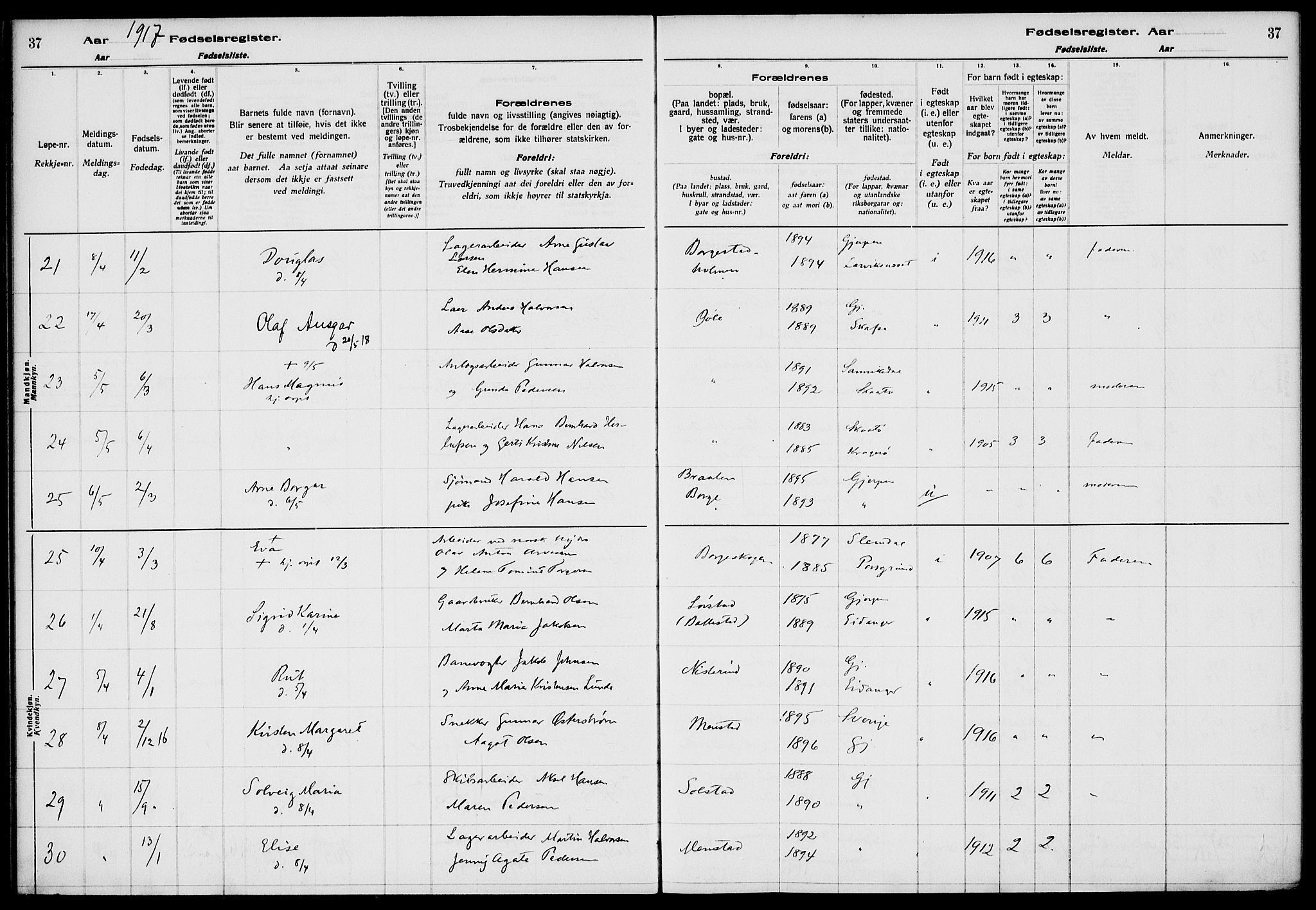 Gjerpen kirkebøker, AV/SAKO-A-265/J/Ja/L0001: Fødselsregister nr. I 1, 1916-1926, s. 37