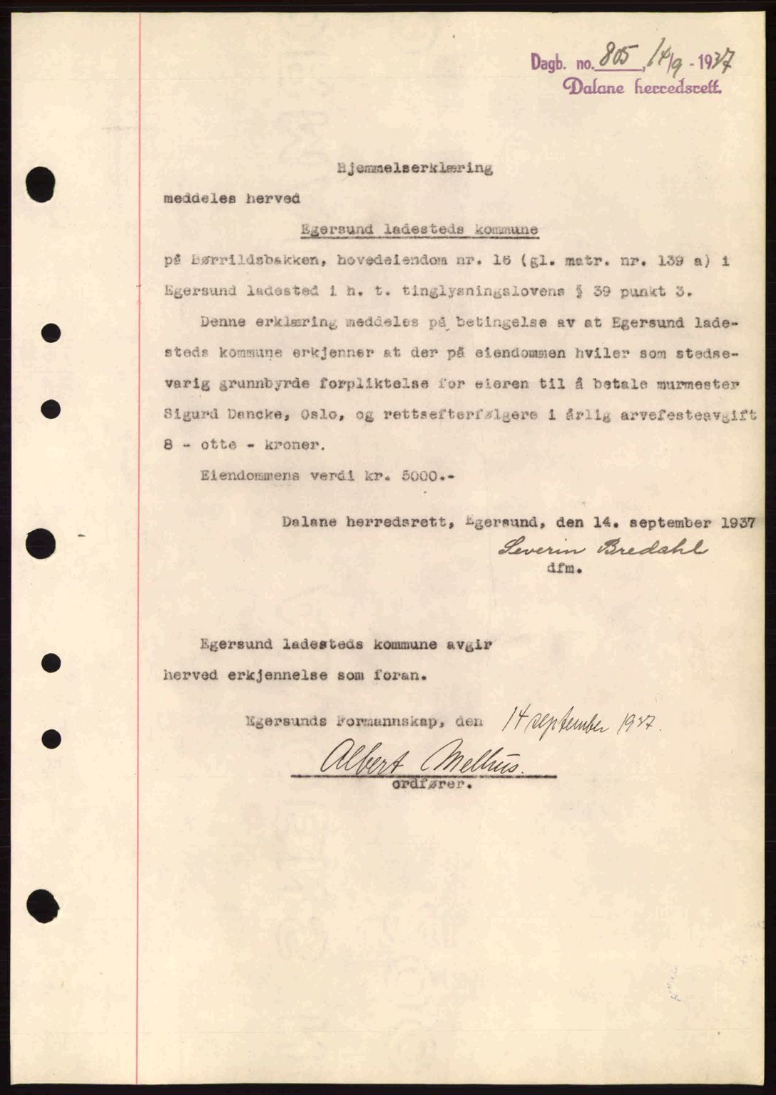 Dalane sorenskriveri, SAST/A-100309/02/G/Gb/L0041: Pantebok nr. A2, 1936-1937, Dagboknr: 805/1937