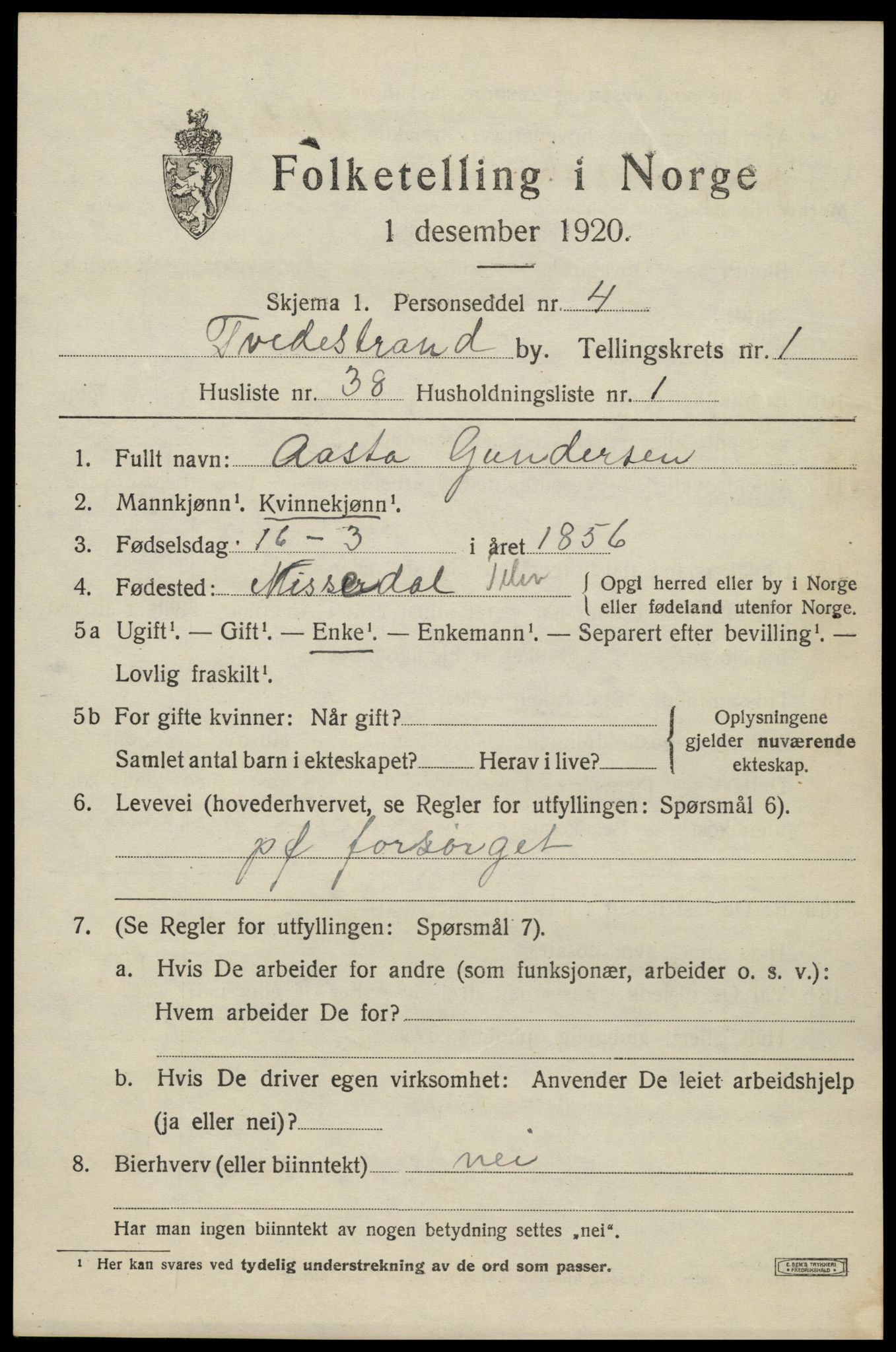 SAK, Folketelling 1920 for 0902 Tvedestrand ladested, 1920, s. 1711