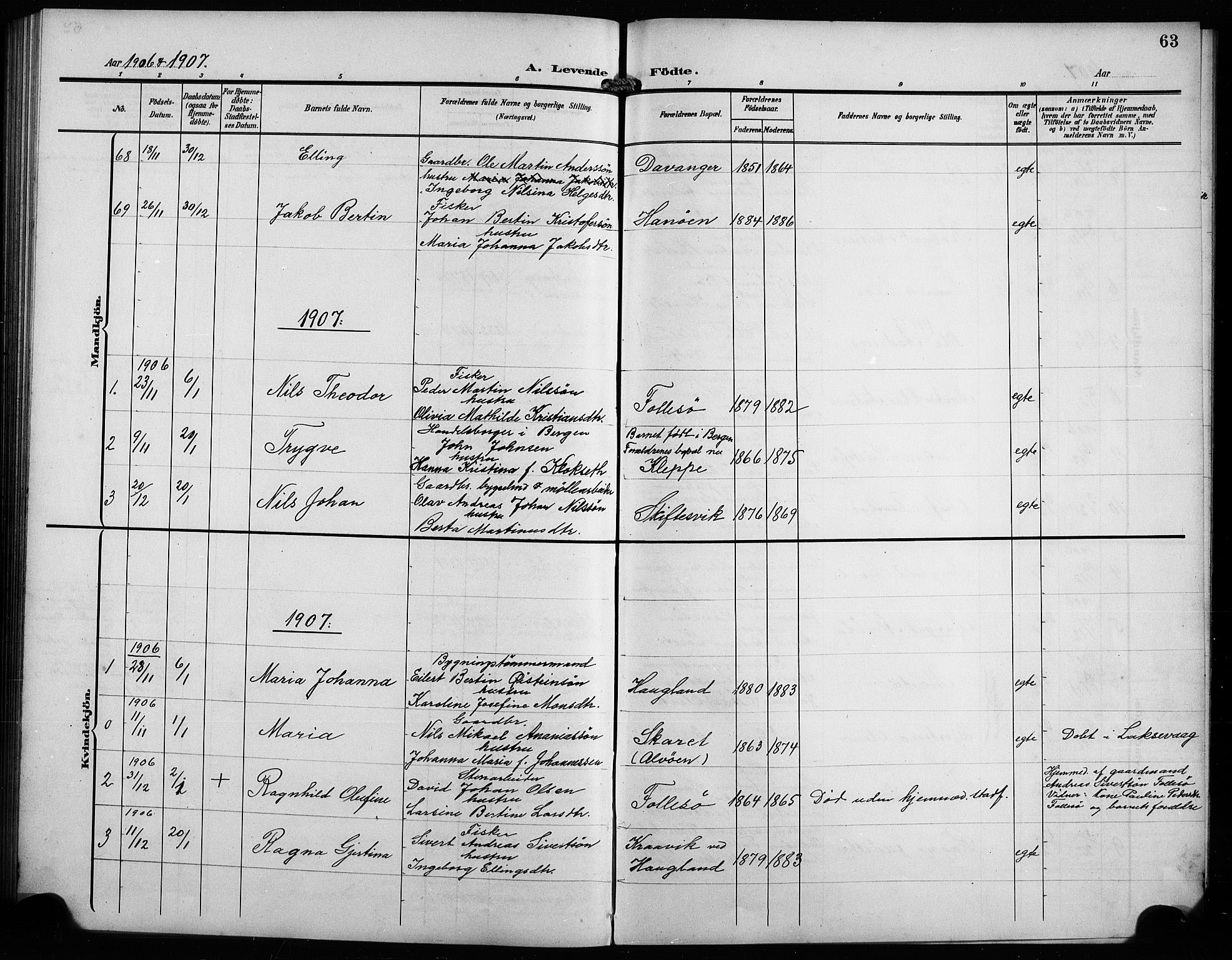 Askøy Sokneprestembete, AV/SAB-A-74101/H/Ha/Hab/Haba/L0010: Klokkerbok nr. A 10, 1903-1907, s. 63