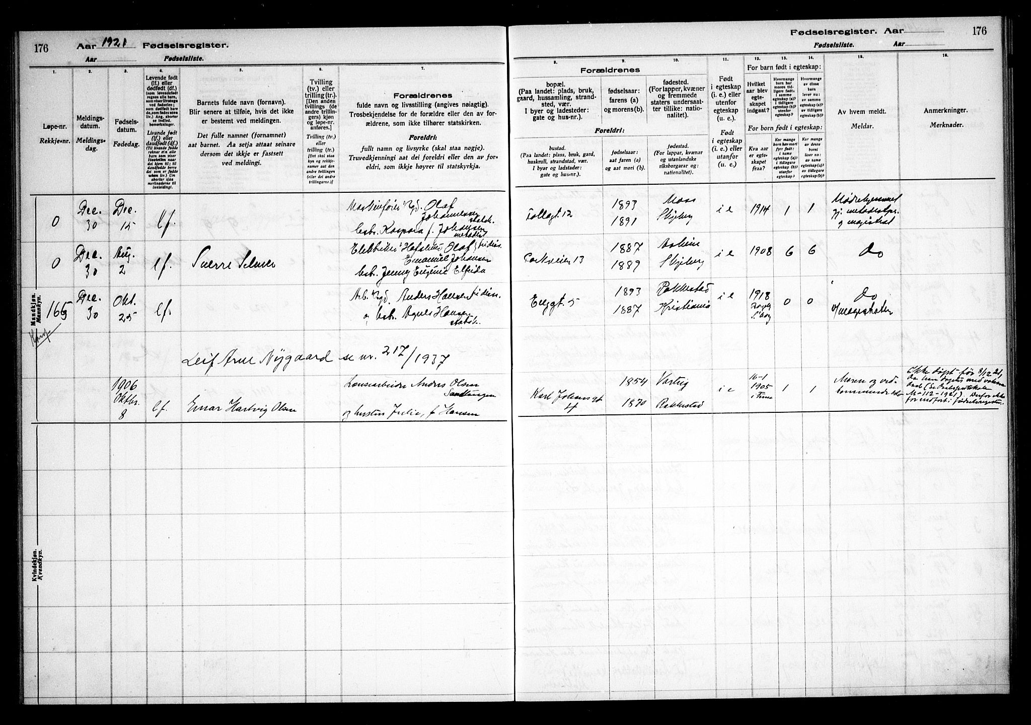 Sarpsborg prestekontor Kirkebøker, AV/SAO-A-2006/J/Ja/L0001: Fødselsregister nr. 1, 1916-1922, s. 176