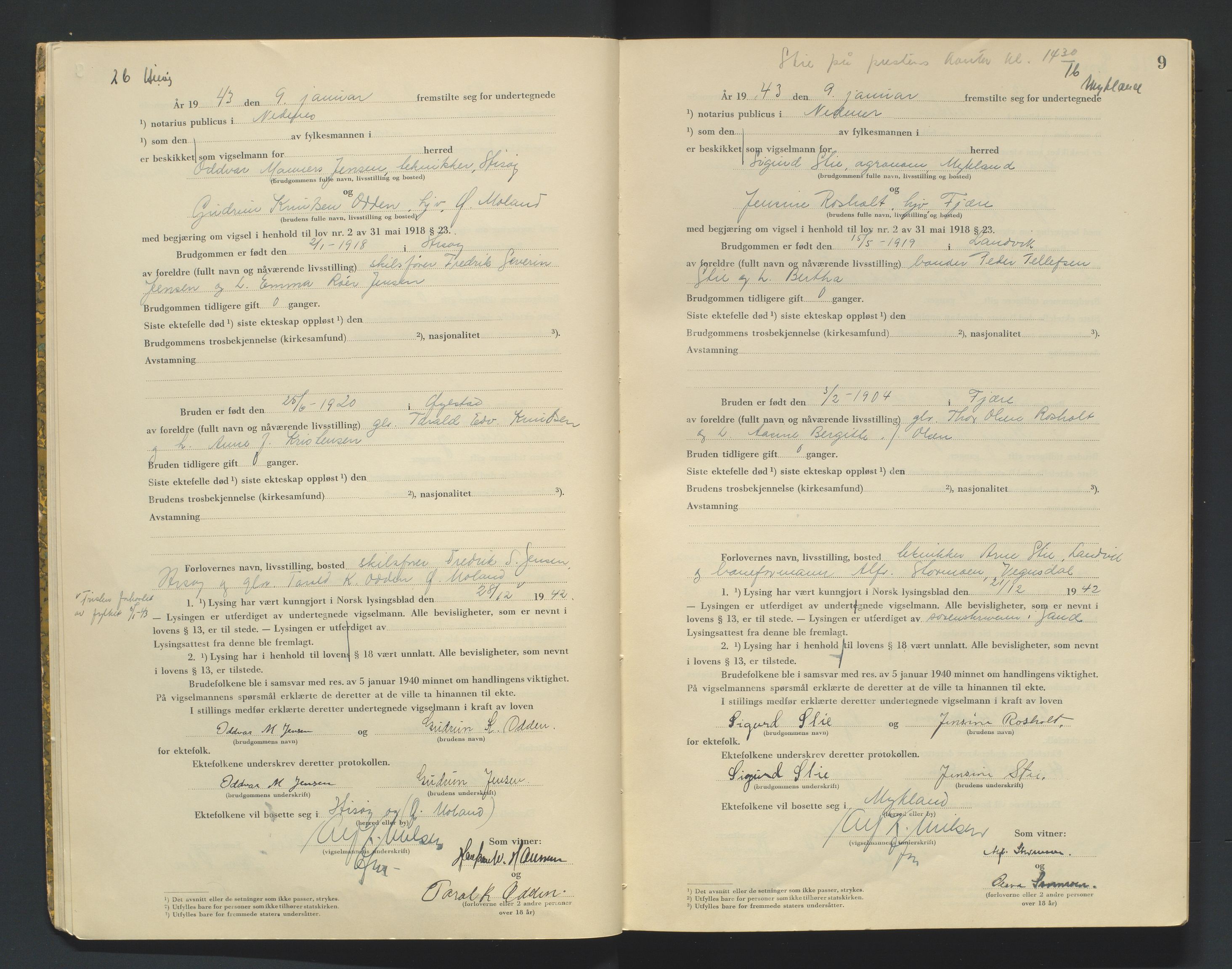 Nedenes sorenskriveri, AV/SAK-1221-0006/L/Ld/L0002/0002: Vigselsbøker / Vigselbok, 1942-1943, s. 9