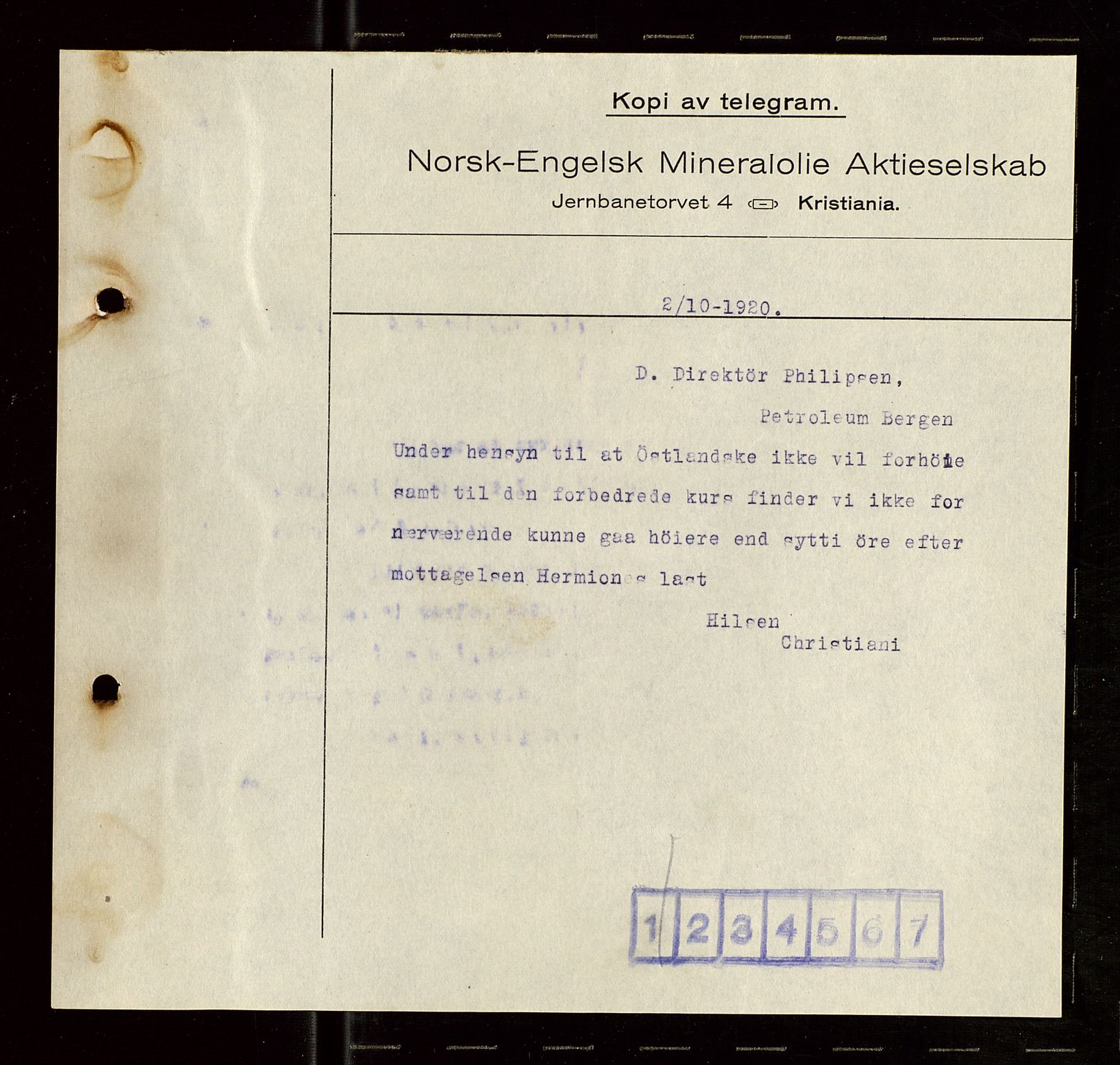 Pa 1521 - A/S Norske Shell, SAST/A-101915/E/Ea/Eaa/L0008: Sjefskorrespondanse, 1920, s. 160