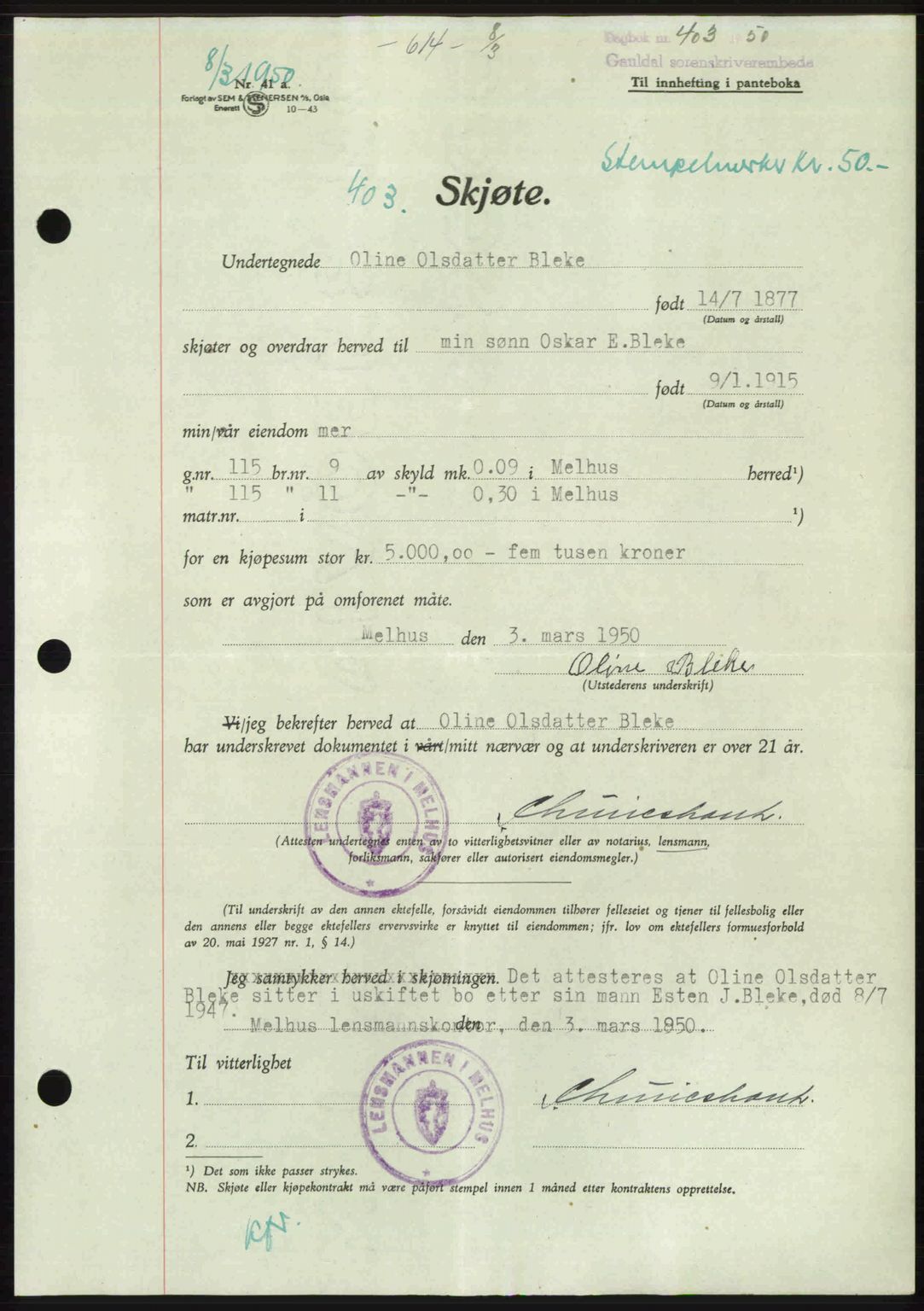 Gauldal sorenskriveri, SAT/A-0014/1/2/2C: Pantebok nr. A9, 1949-1950, Dagboknr: 403/1950