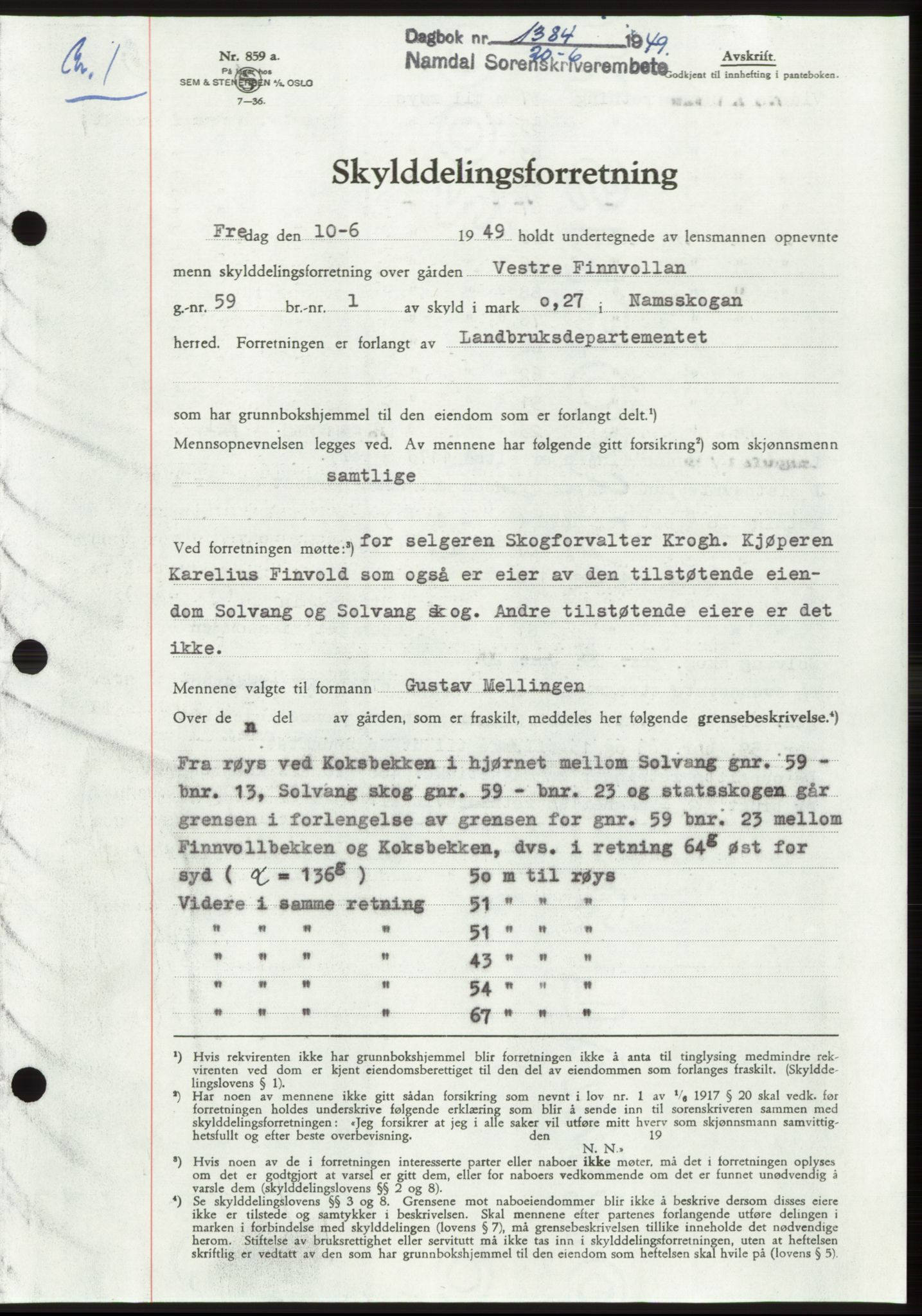 Namdal sorenskriveri, SAT/A-4133/1/2/2C: Pantebok nr. -, 1949-1949, Dagboknr: 1384/1949