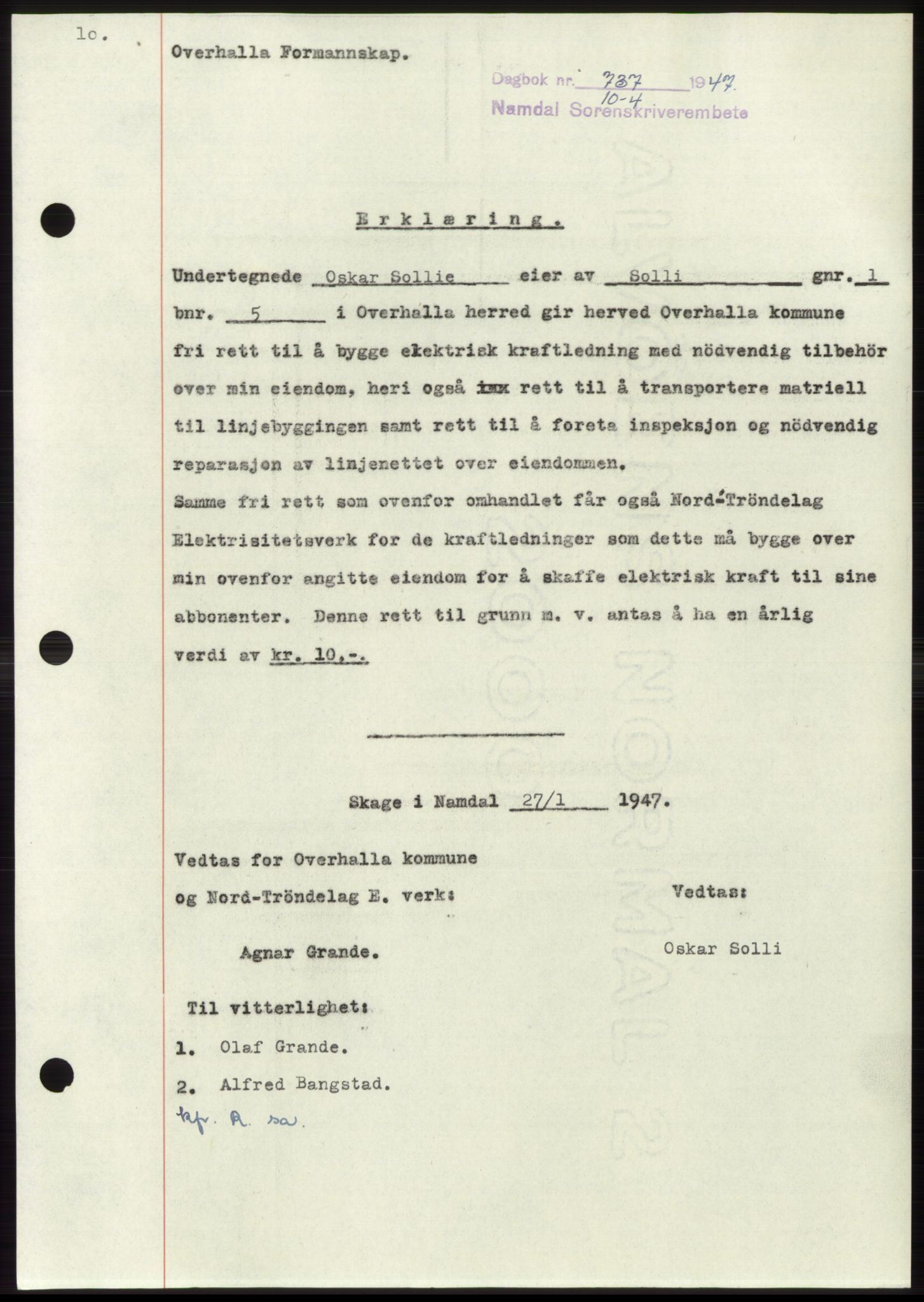 Namdal sorenskriveri, SAT/A-4133/1/2/2C: Pantebok nr. -, 1947-1947, Dagboknr: 737/1947