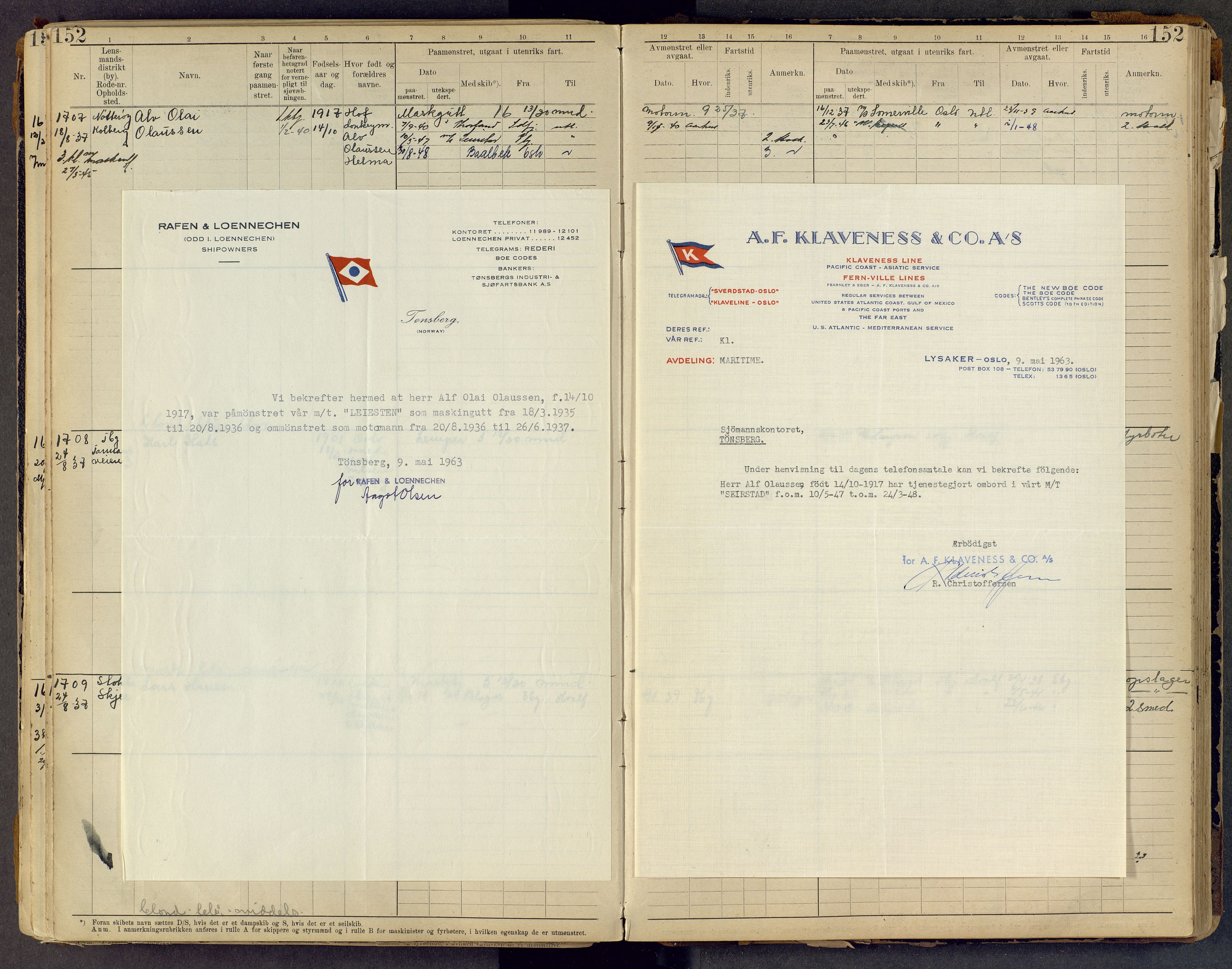 Tønsberg innrulleringskontor, SAKO/A-786/F/Fe/L0005: Maskinist- og fyrbøterrulle Patent nr. 1080-1993, 1923-1945, s. 152