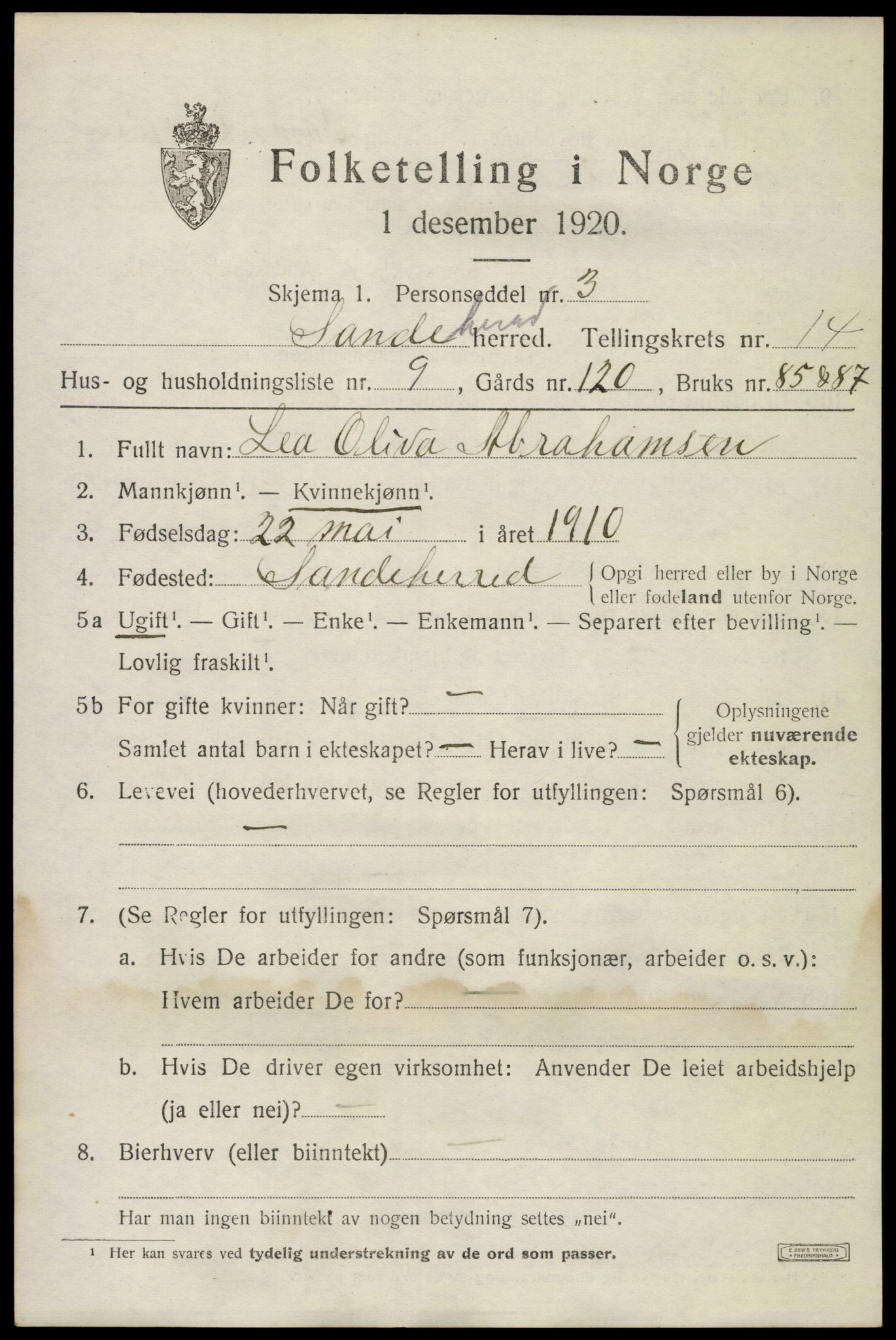 SAKO, Folketelling 1920 for 0724 Sandeherred herred, 1920, s. 20294