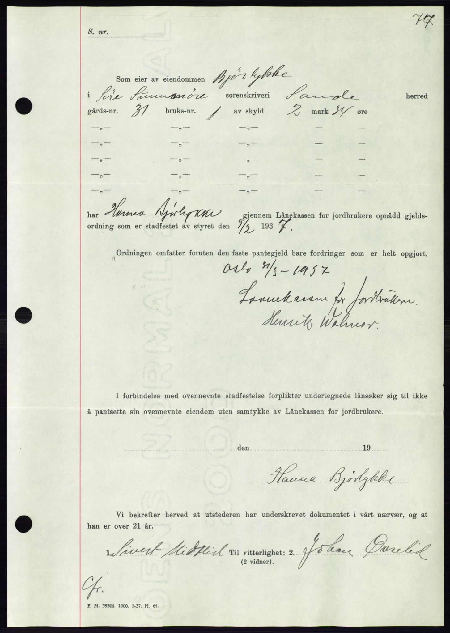 Søre Sunnmøre sorenskriveri, AV/SAT-A-4122/1/2/2C/L0063: Pantebok nr. 57, 1937-1937, Dagboknr: 669/1937