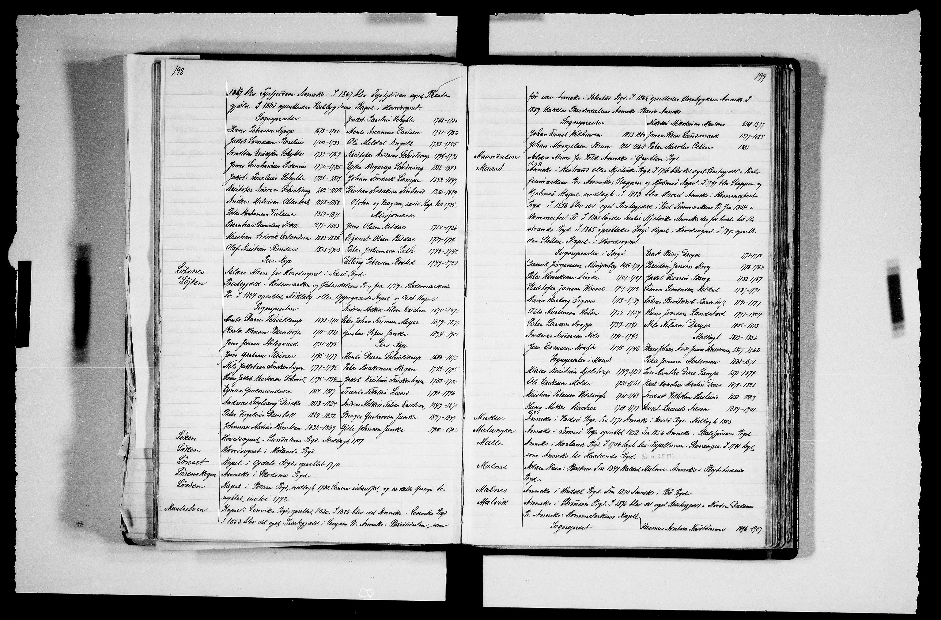 Manuskriptsamlingen, RA/EA-3667/F/L0111a: Schiørn, Fredrik; Den norske kirkes embeter og prester 1700-1900, Embeter, 1700-1900, s. 198-199