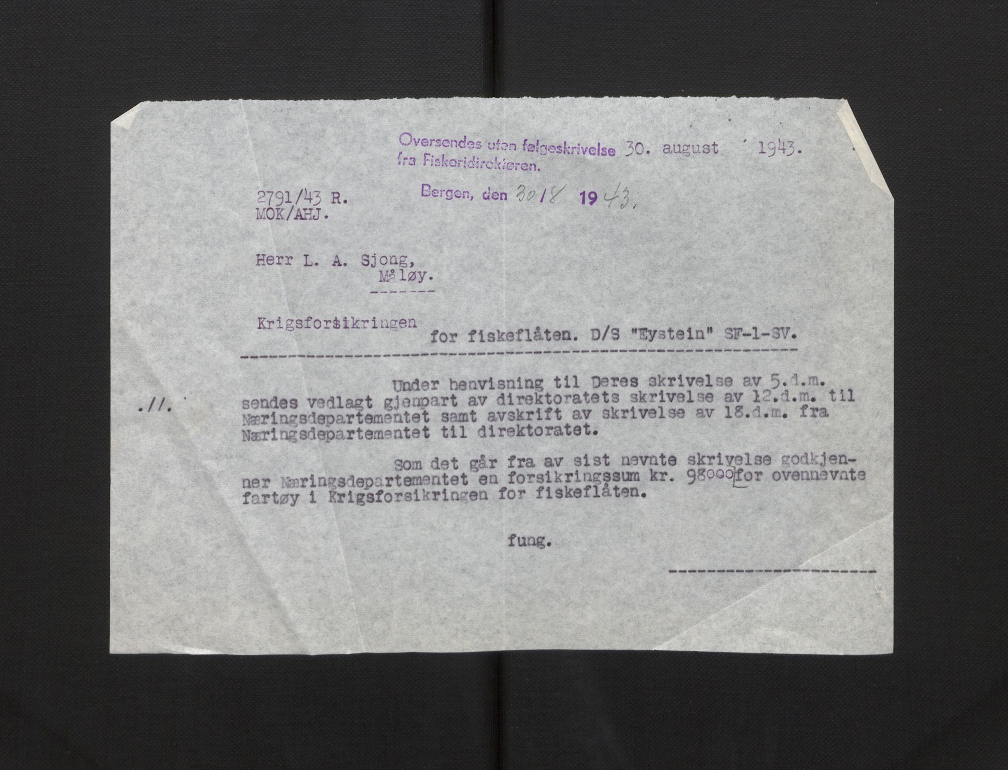 Fiskeridirektoratet - 1 Adm. ledelse - 13 Båtkontoret, AV/SAB-A-2003/La/L0058: Statens krigsforsikring for fiskeflåten, 1936-1971, s. 75