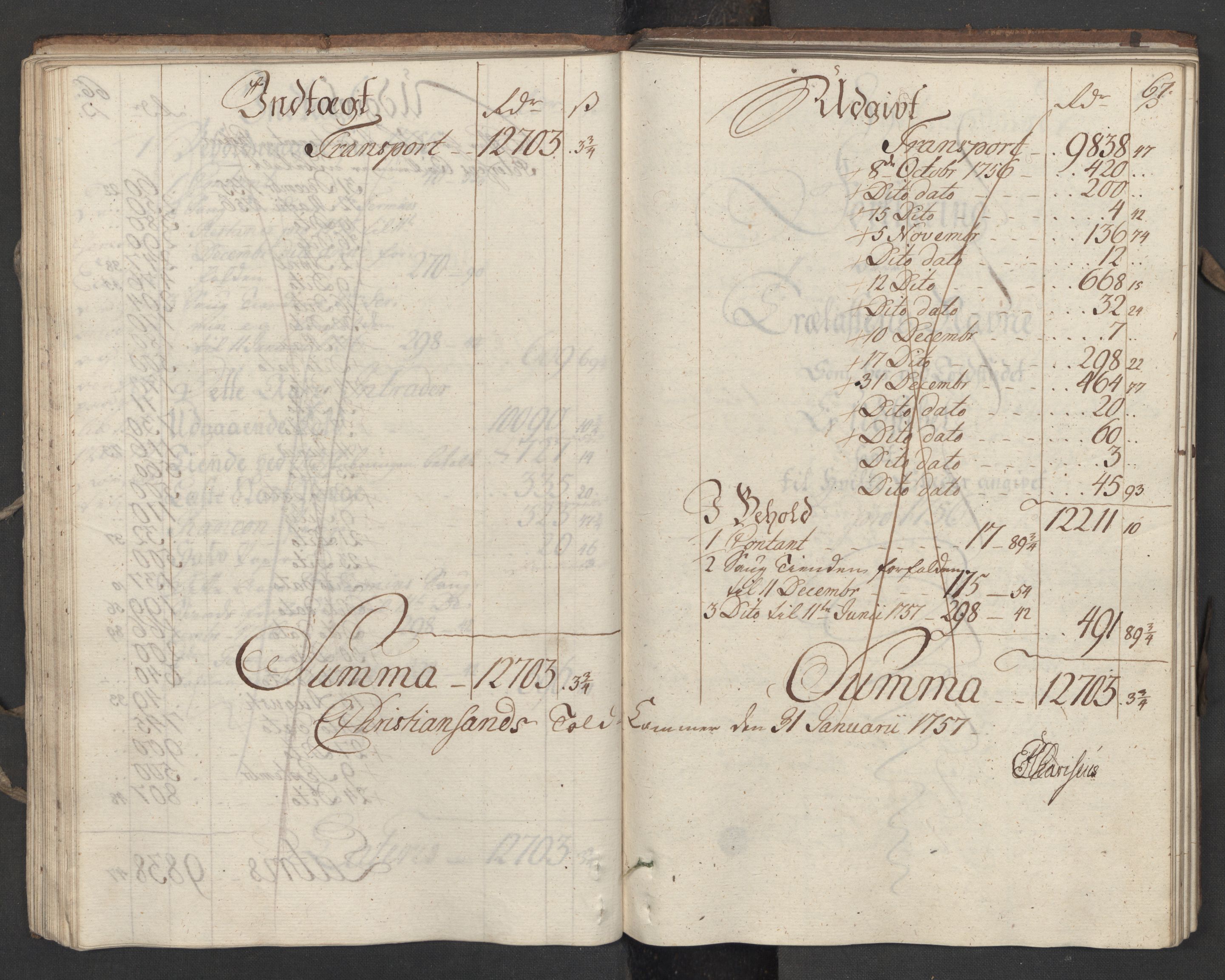 Generaltollkammeret, tollregnskaper, AV/RA-EA-5490/R16/L0034/0001: Tollregnskaper Kristiansand / Utgående hovedtollbok, 1756, s. 66b-67a