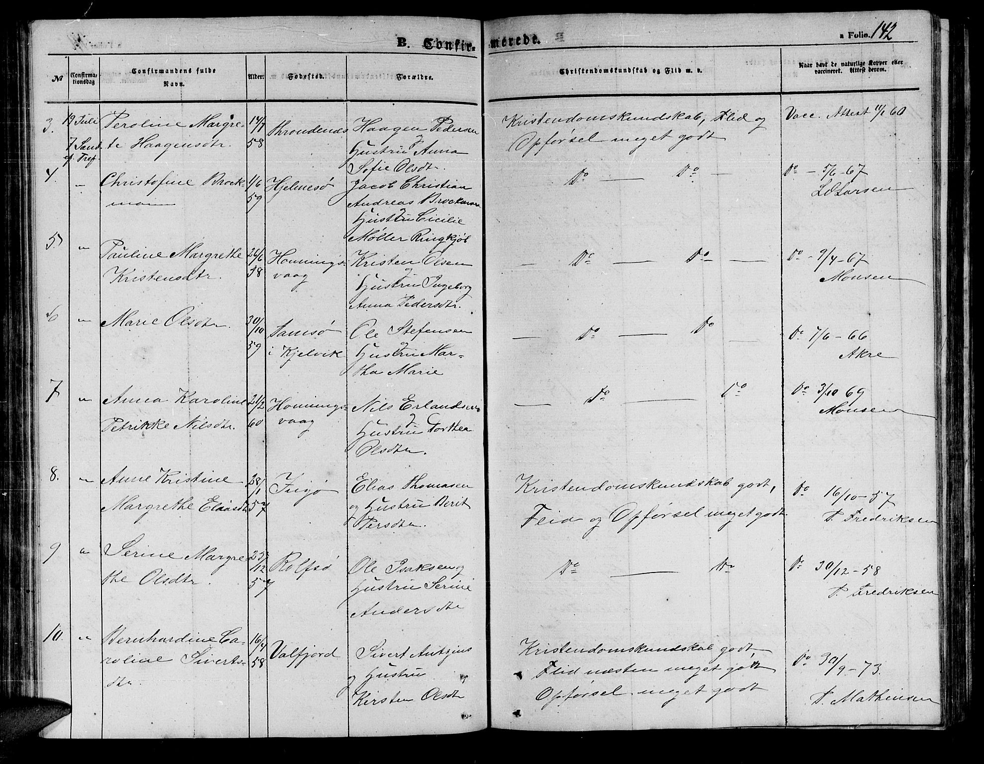 Måsøy sokneprestkontor, AV/SATØ-S-1348/H/Hb/L0001klokker: Klokkerbok nr. 1, 1852-1877, s. 142