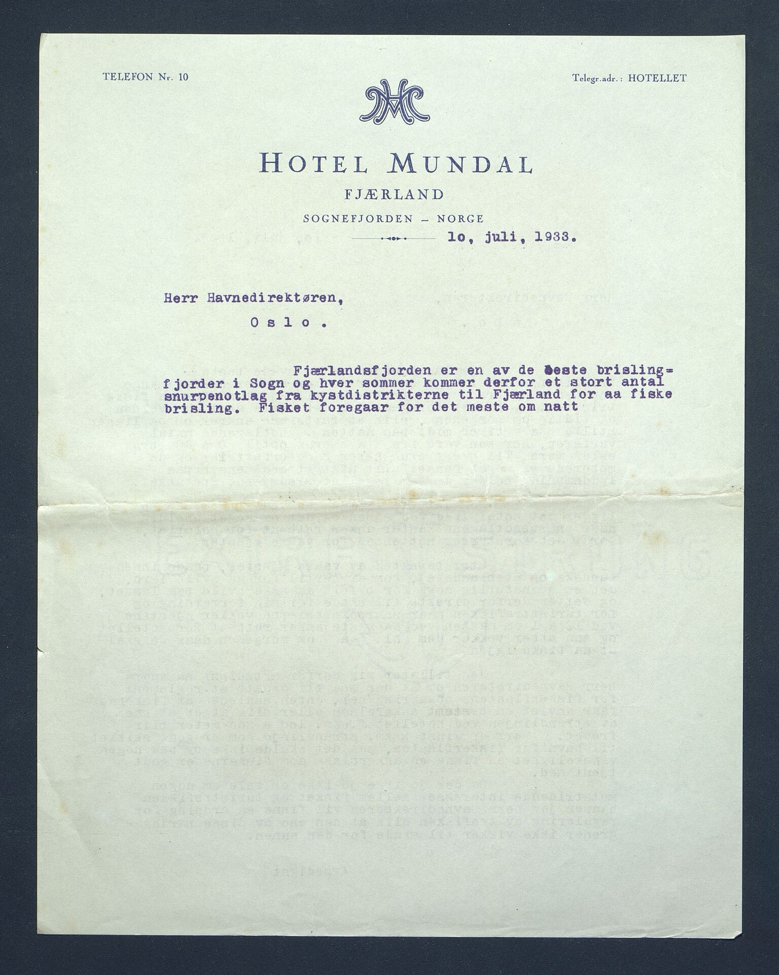 Hotel Mundal , VLFK/SFF-87001/Y/L0001/0002/0049: Stykke, 1933-1935