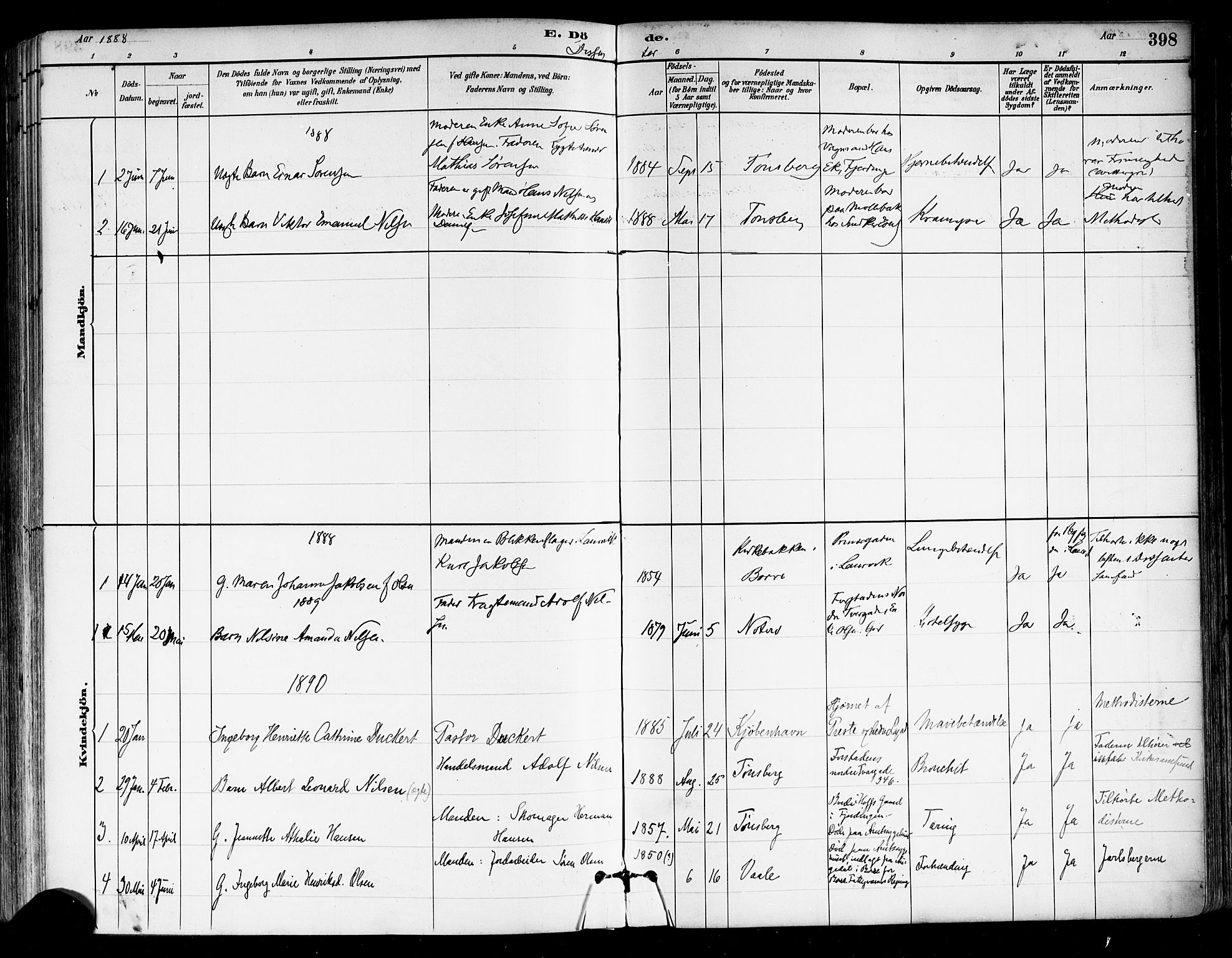 Tønsberg kirkebøker, AV/SAKO-A-330/F/Fa/L0011: Ministerialbok nr. I 11, 1881-1890, s. 398