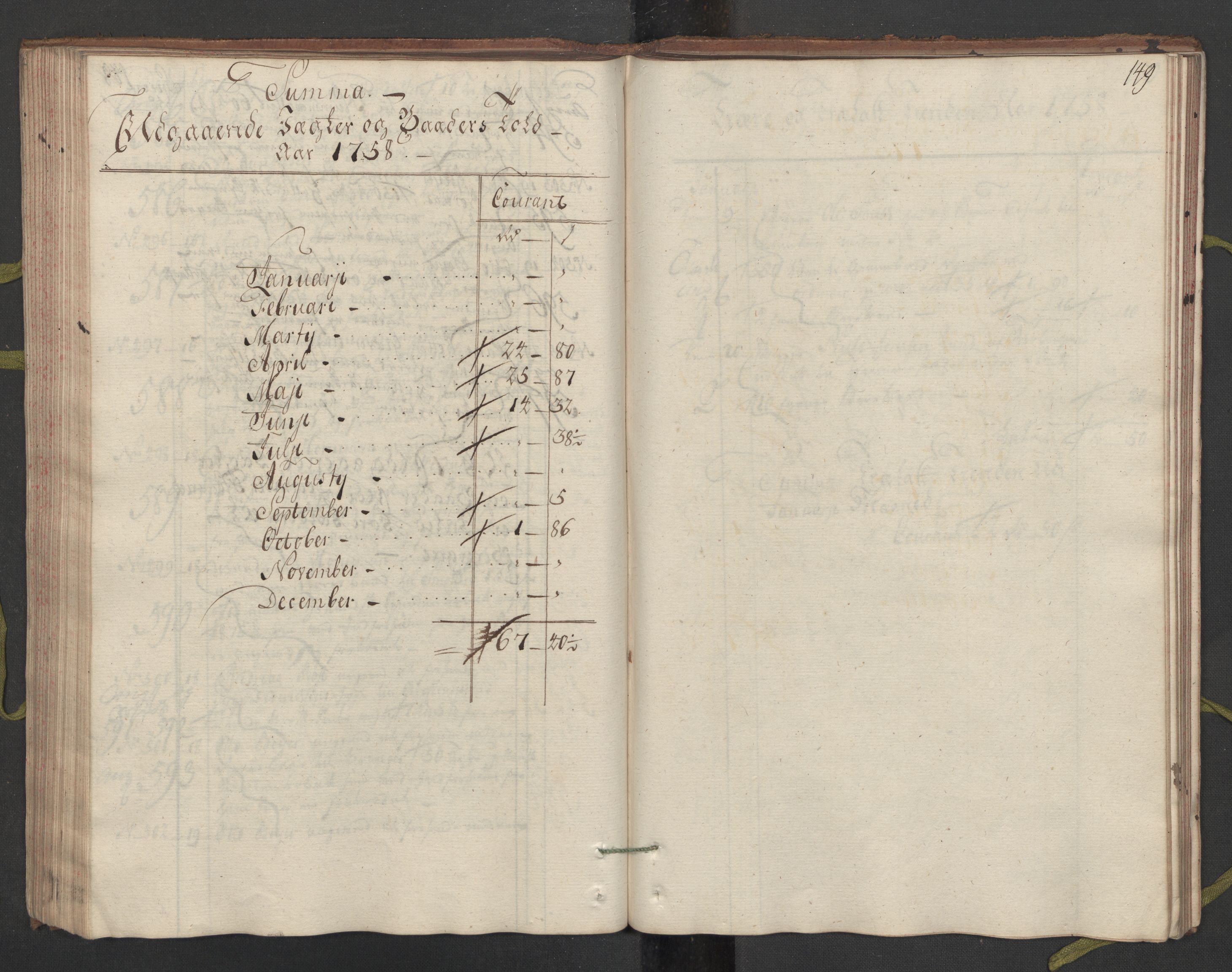 Generaltollkammeret, tollregnskaper, AV/RA-EA-5490/R33/L0057/0001: Tollregnskaper Trondheim A / Utgående hovedtollbok, 1758, s. 148b-149a