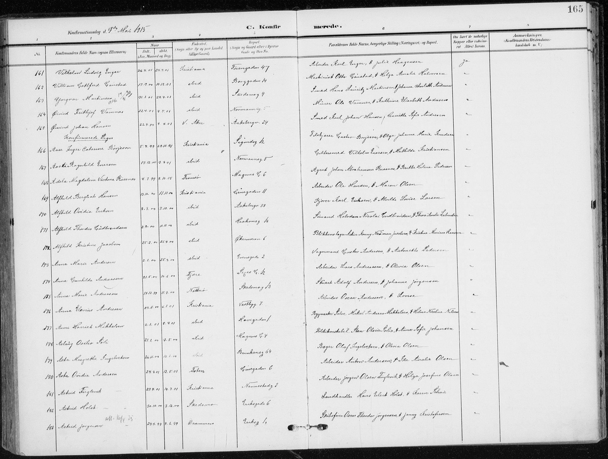 Kampen prestekontor Kirkebøker, AV/SAO-A-10853/F/Fa/L0011: Ministerialbok nr. I 11, 1907-1917, s. 165