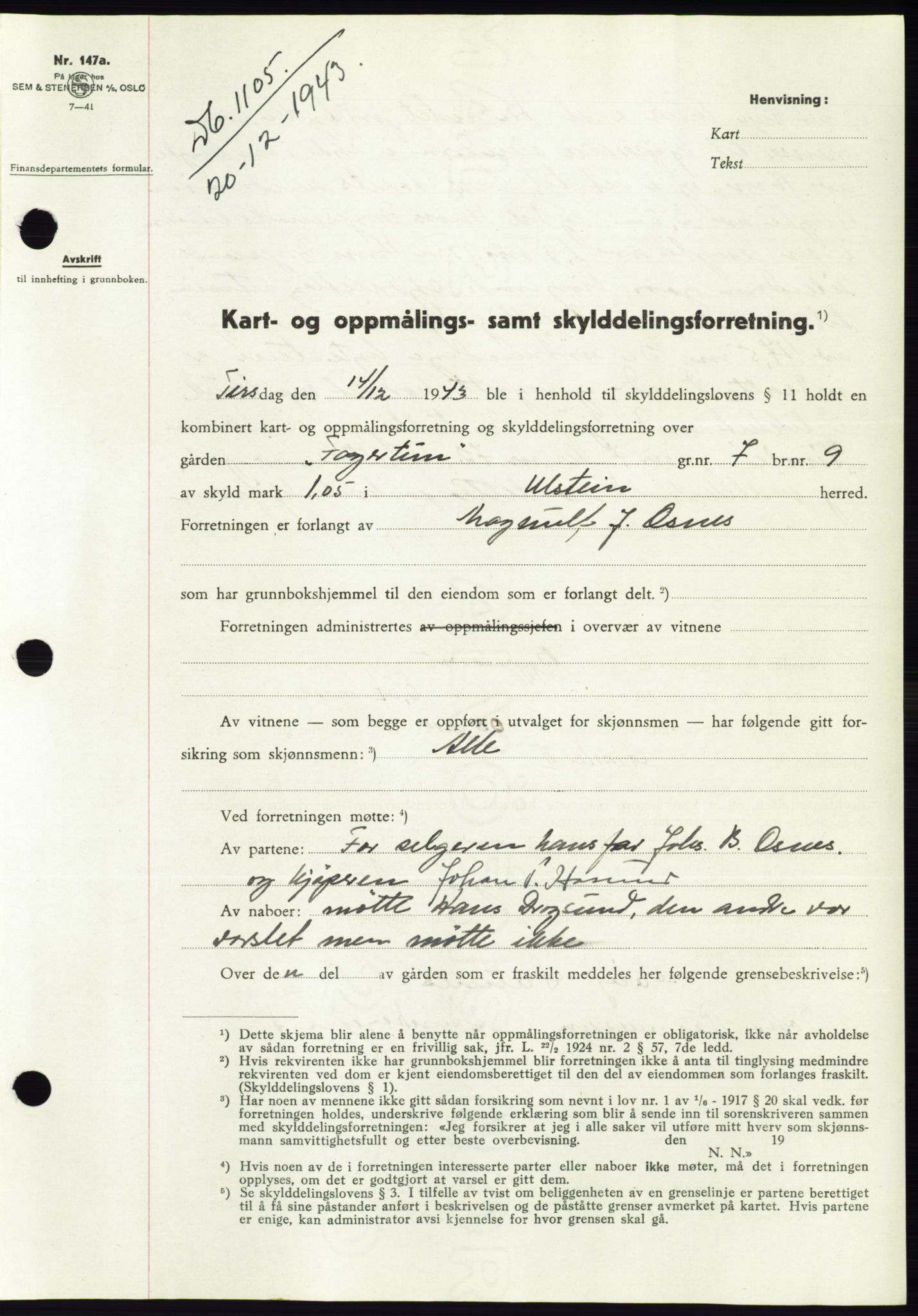 Søre Sunnmøre sorenskriveri, SAT/A-4122/1/2/2C/L0075: Pantebok nr. 1A, 1943-1943, Dagboknr: 1105/1943