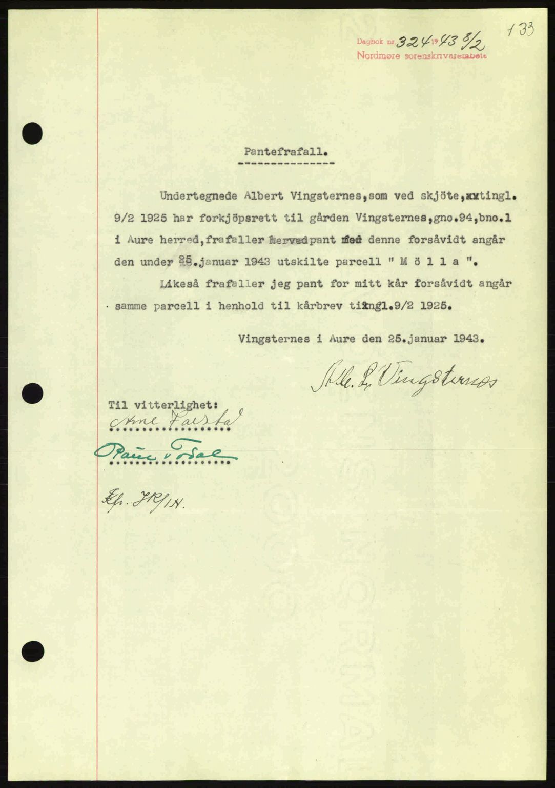 Nordmøre sorenskriveri, SAT/A-4132/1/2/2Ca: Pantebok nr. B90, 1942-1943, Dagboknr: 324/1943