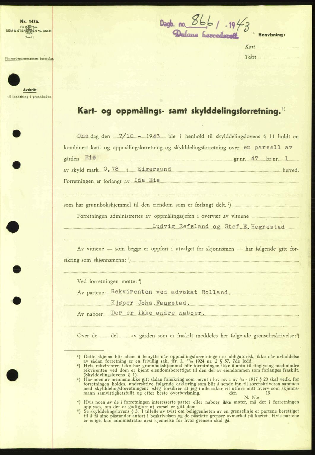Dalane sorenskriveri, SAST/A-100309/02/G/Gb/L0046: Pantebok nr. A7, 1942-1943, Dagboknr: 866/1943