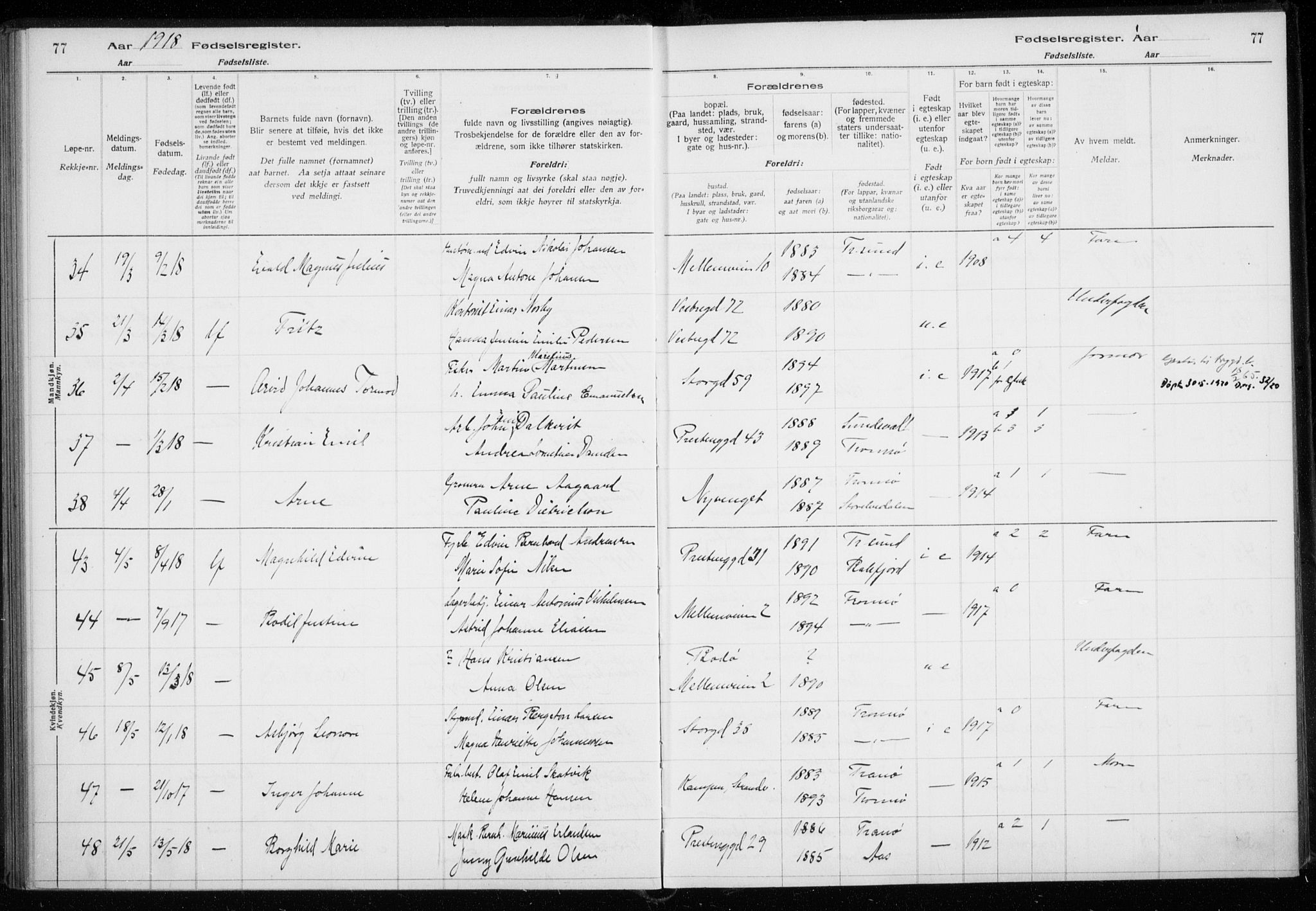 Tromsø sokneprestkontor/stiftsprosti/domprosti, AV/SATØ-S-1343/H/Ha/L0131: Fødselsregister nr. 131, 1916-1921, s. 77