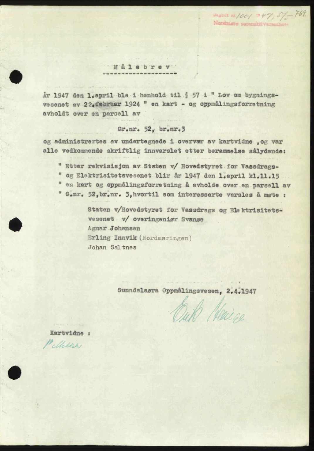 Nordmøre sorenskriveri, SAT/A-4132/1/2/2Ca: Pantebok nr. A104, 1947-1947, Dagboknr: 1001/1947