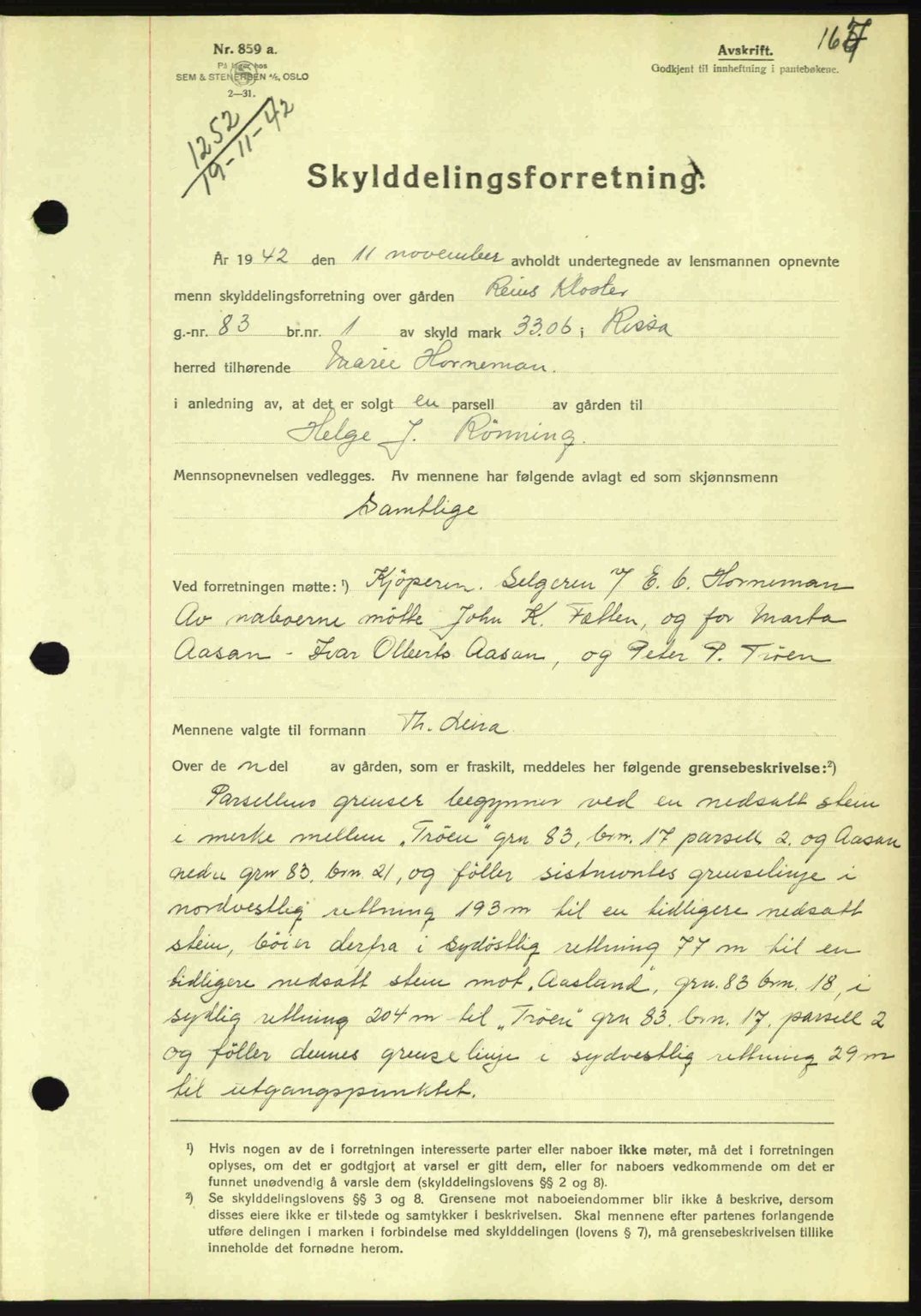 Fosen sorenskriveri, SAT/A-1107/1/2/2C: Pantebok nr. A2, 1942-1943, Dagboknr: 1252/1942
