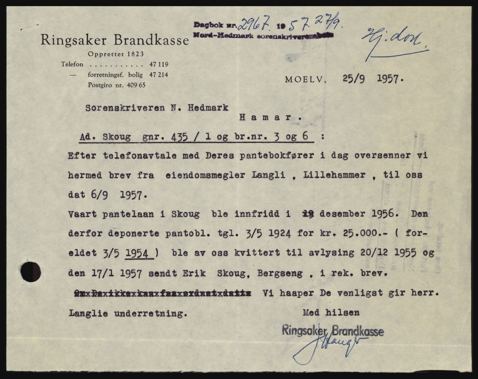 Nord-Hedmark sorenskriveri, SAH/TING-012/H/Hc/L0011: Pantebok nr. 11, 1956-1957, Dagboknr: 2967/1957