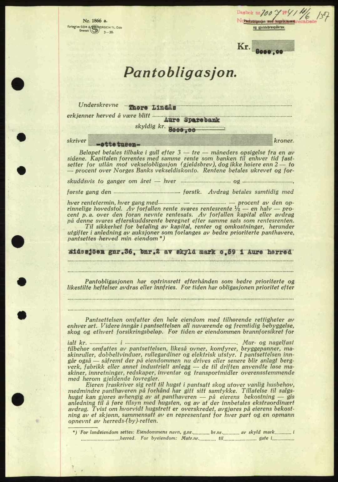 Nordmøre sorenskriveri, SAT/A-4132/1/2/2Ca: Pantebok nr. B88, 1941-1942, Dagboknr: 1007/1941
