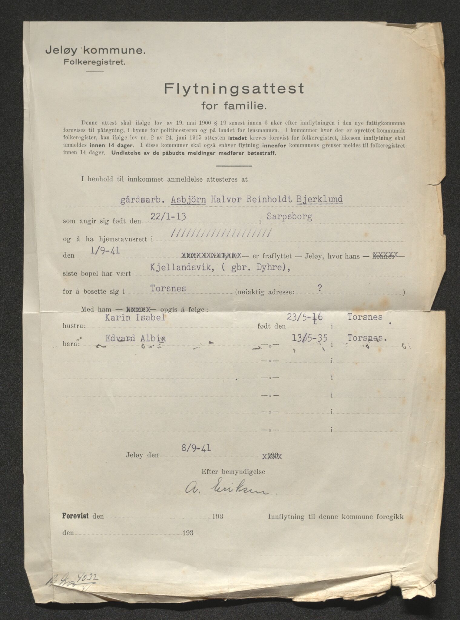 Borge lensmannskontor (Østfold), AV/SAO-A-10176/I/Ia/L0007: Protokoll over inn- og utflyttede i Torsnes fattigkommune, 1923-1943