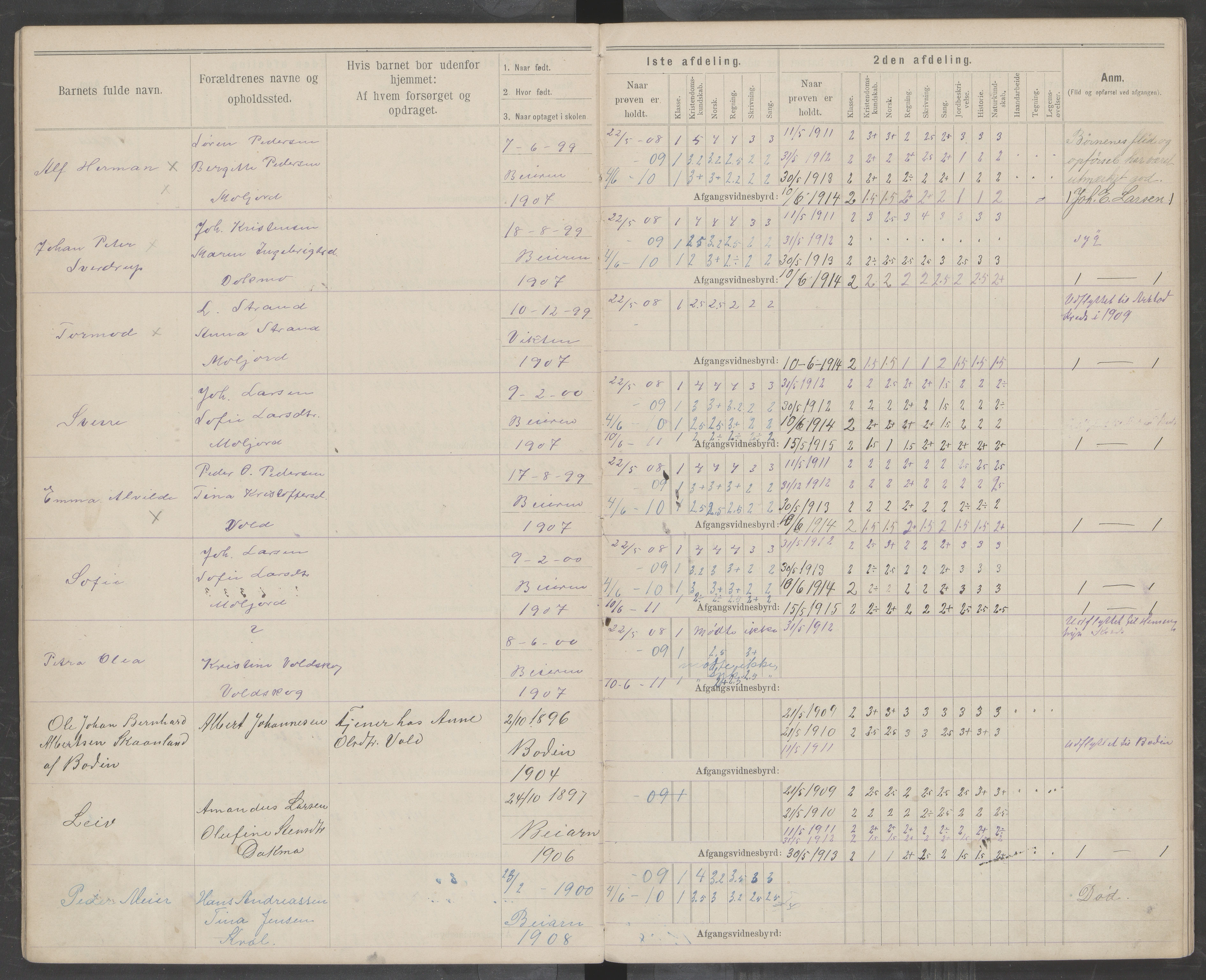 Beiarn kommune. Moldjord skolekrets, AIN/K-18390.510.14/442/L0004: Karakter/oversiktsprotokoll, 1892-1919