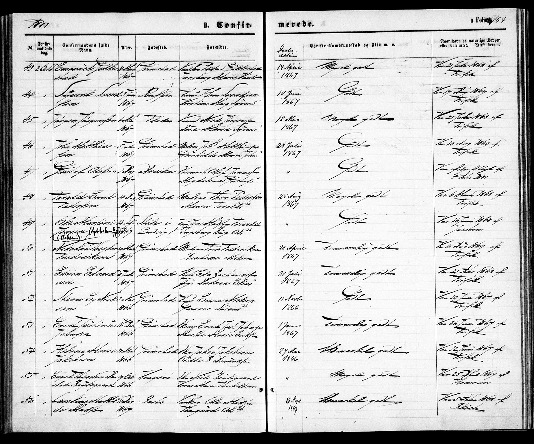 Grimstad sokneprestkontor, AV/SAK-1111-0017/F/Fa/L0002: Ministerialbok nr. A 1, 1869-1881, s. 164