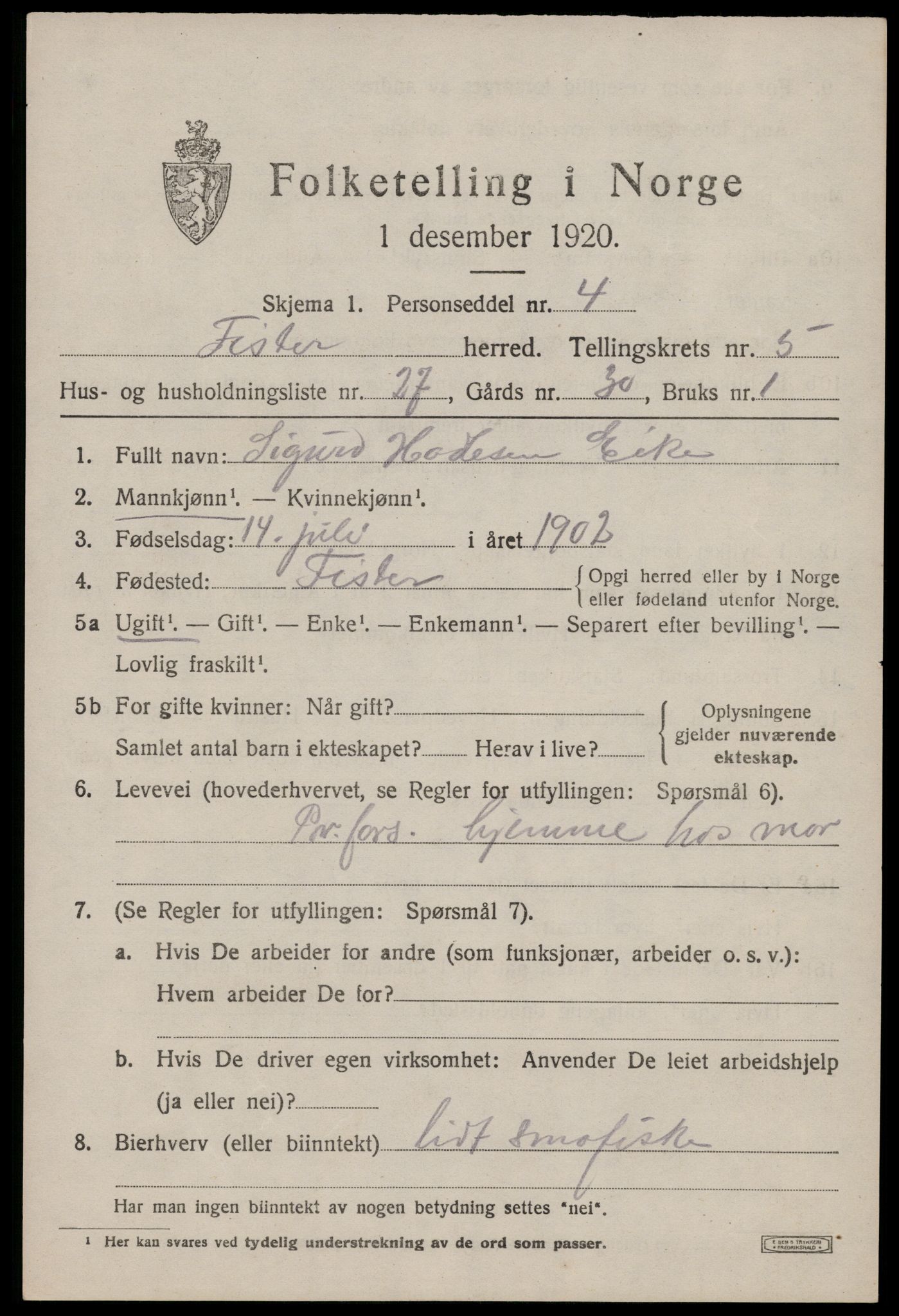 SAST, Folketelling 1920 for 1132 Fister herred, 1920, s. 1555