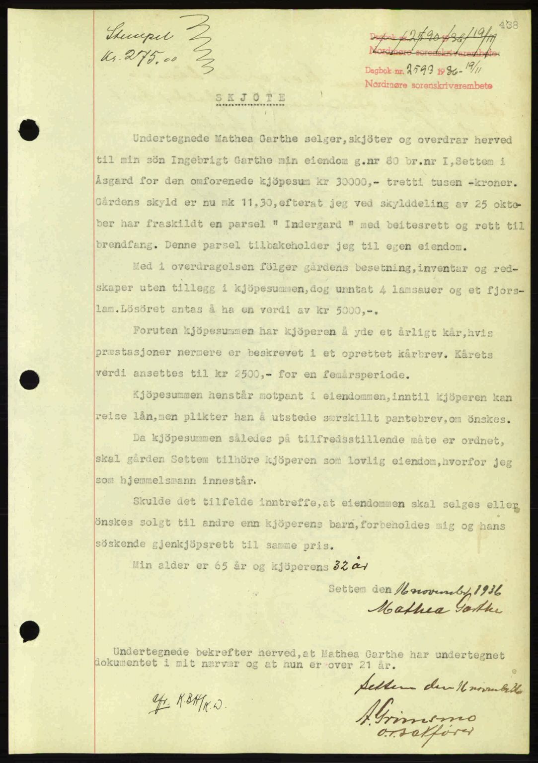 Nordmøre sorenskriveri, SAT/A-4132/1/2/2Ca: Pantebok nr. A80, 1936-1937, Dagboknr: 2593/1936