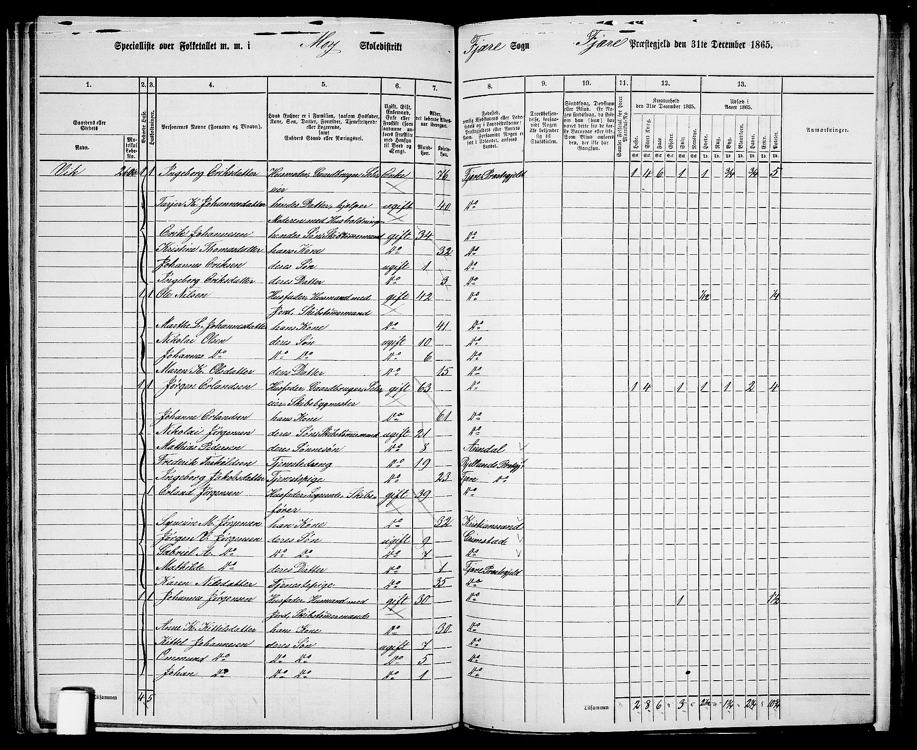 RA, Folketelling 1865 for 0923L Fjære prestegjeld, Fjære sokn, 1865, s. 110