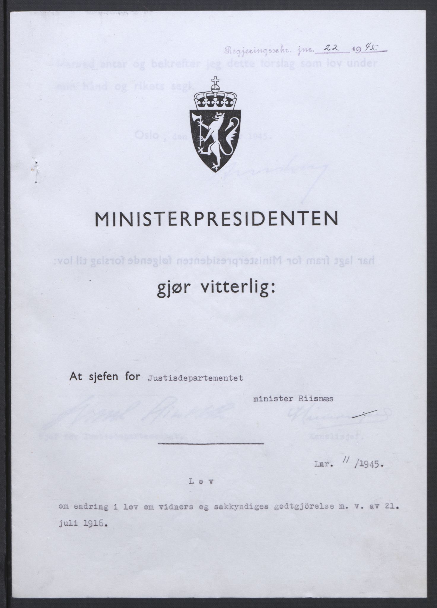 NS-administrasjonen 1940-1945 (Statsrådsekretariatet, de kommisariske statsråder mm), RA/S-4279/D/Db/L0101/0001: -- / Lover og vedtak, 1945, s. 45