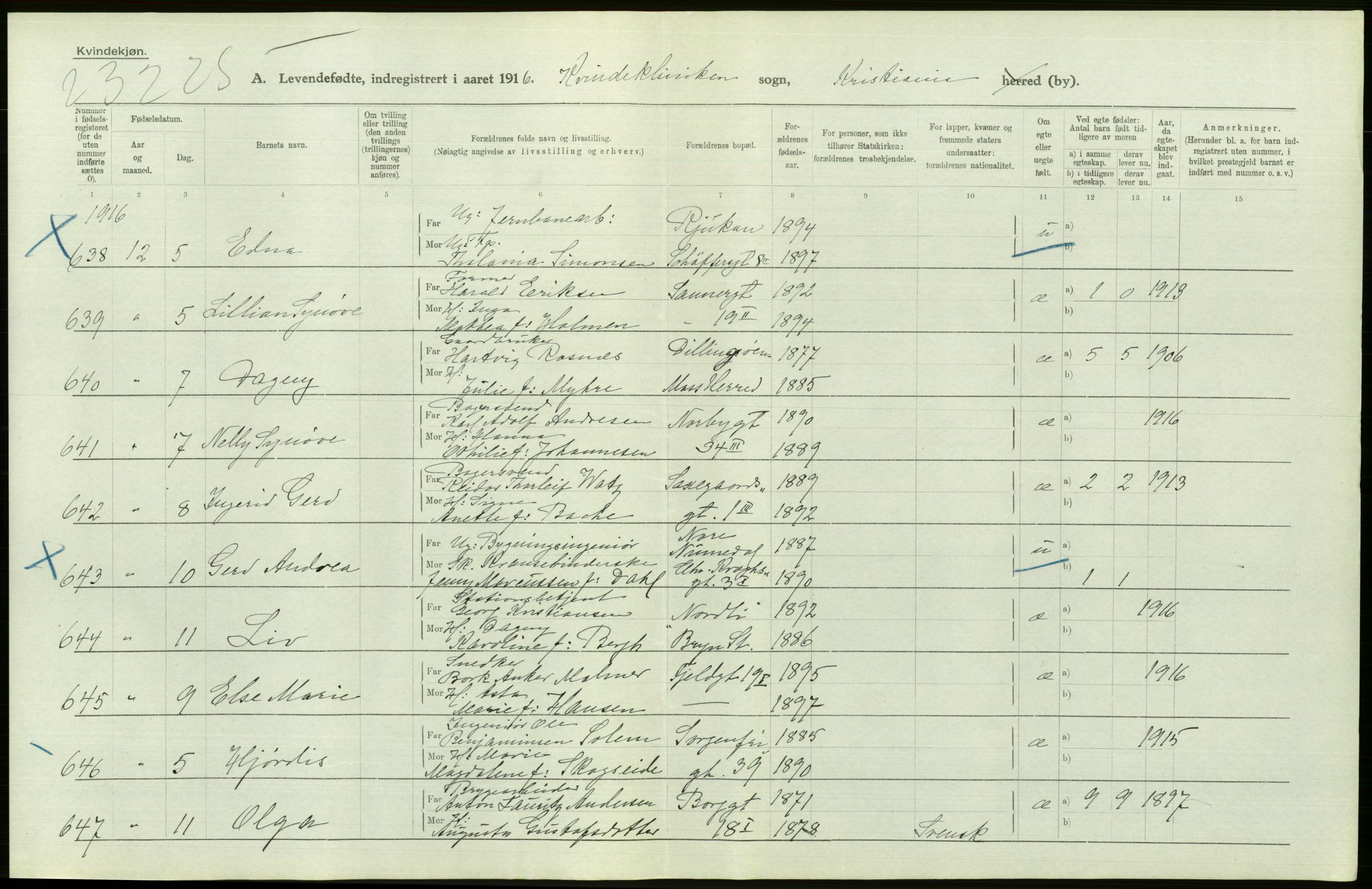 Statistisk sentralbyrå, Sosiodemografiske emner, Befolkning, RA/S-2228/D/Df/Dfb/Dfbf/L0007: Kristiania: Levendefødte menn og kvinner., 1916, s. 300