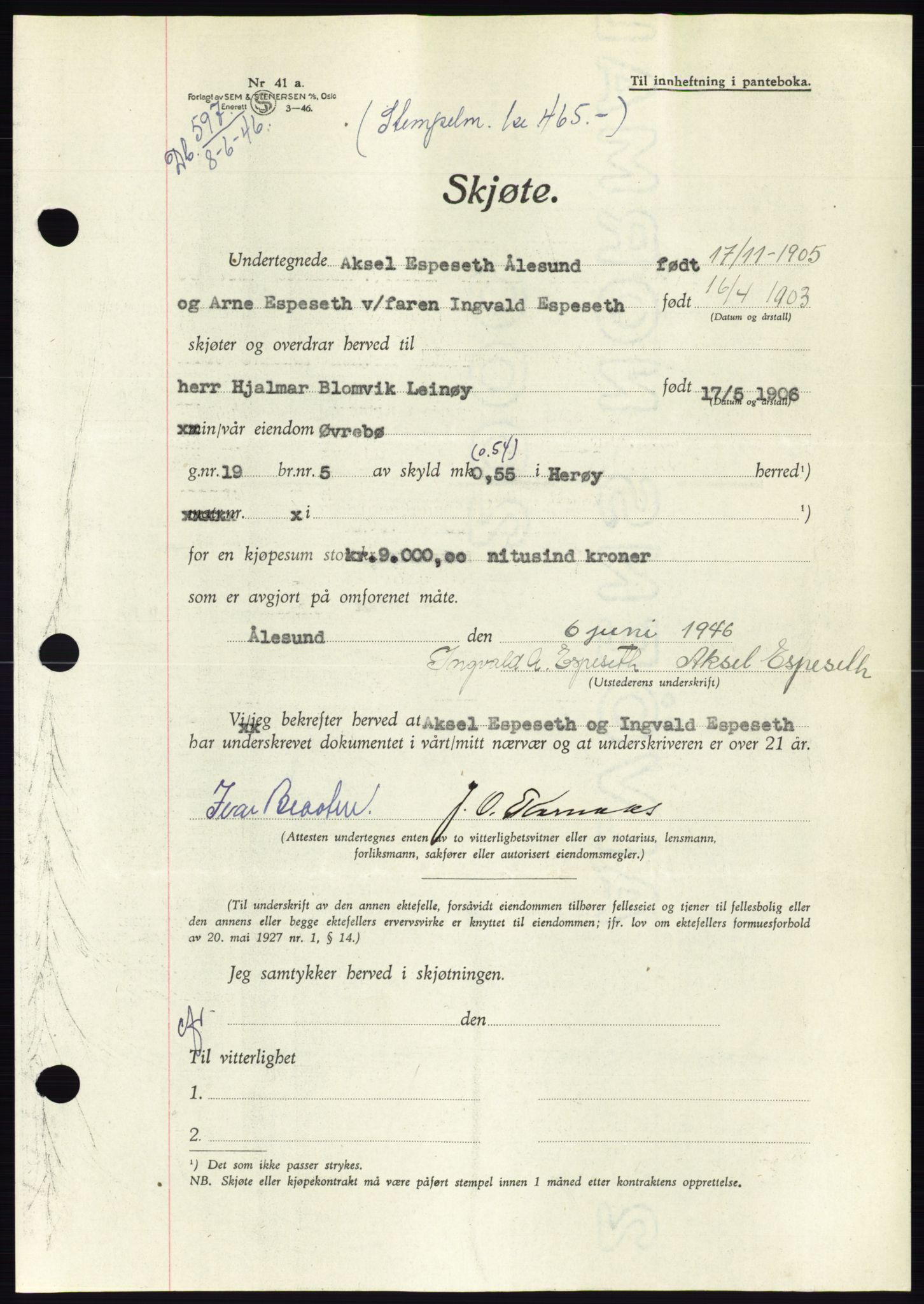 Søre Sunnmøre sorenskriveri, AV/SAT-A-4122/1/2/2C/L0078: Pantebok nr. 4A, 1946-1946, Dagboknr: 597/1946