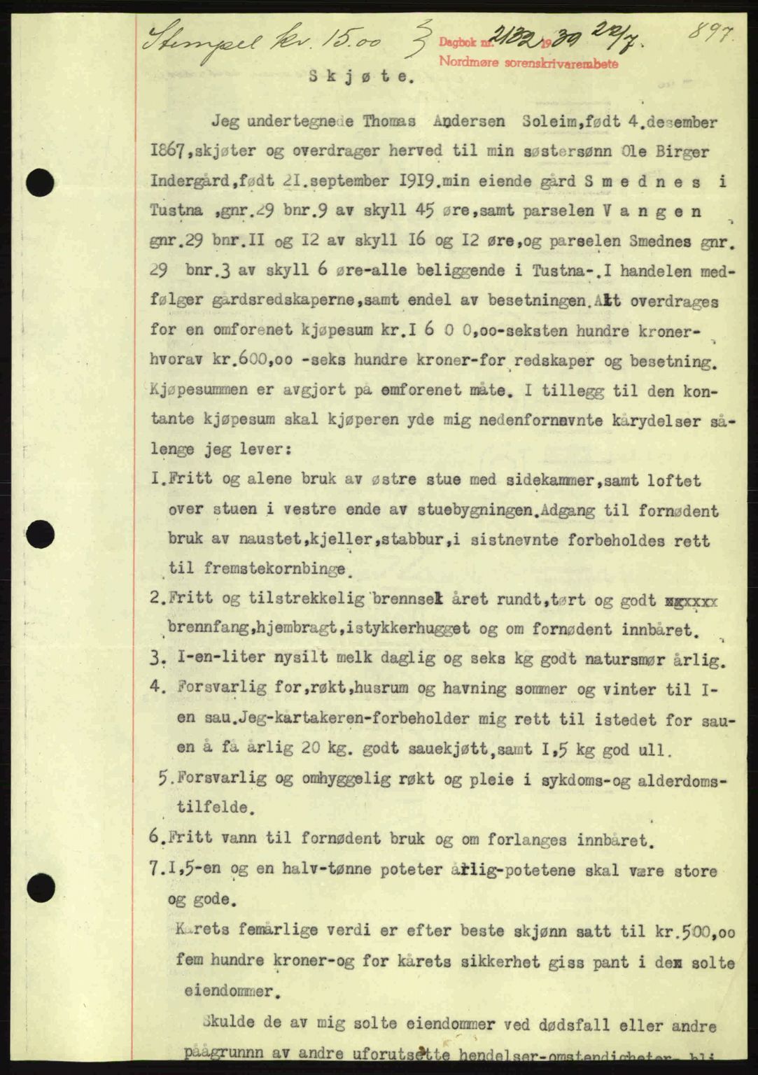 Nordmøre sorenskriveri, SAT/A-4132/1/2/2Ca: Pantebok nr. A86, 1939-1939, Dagboknr: 2132/1939